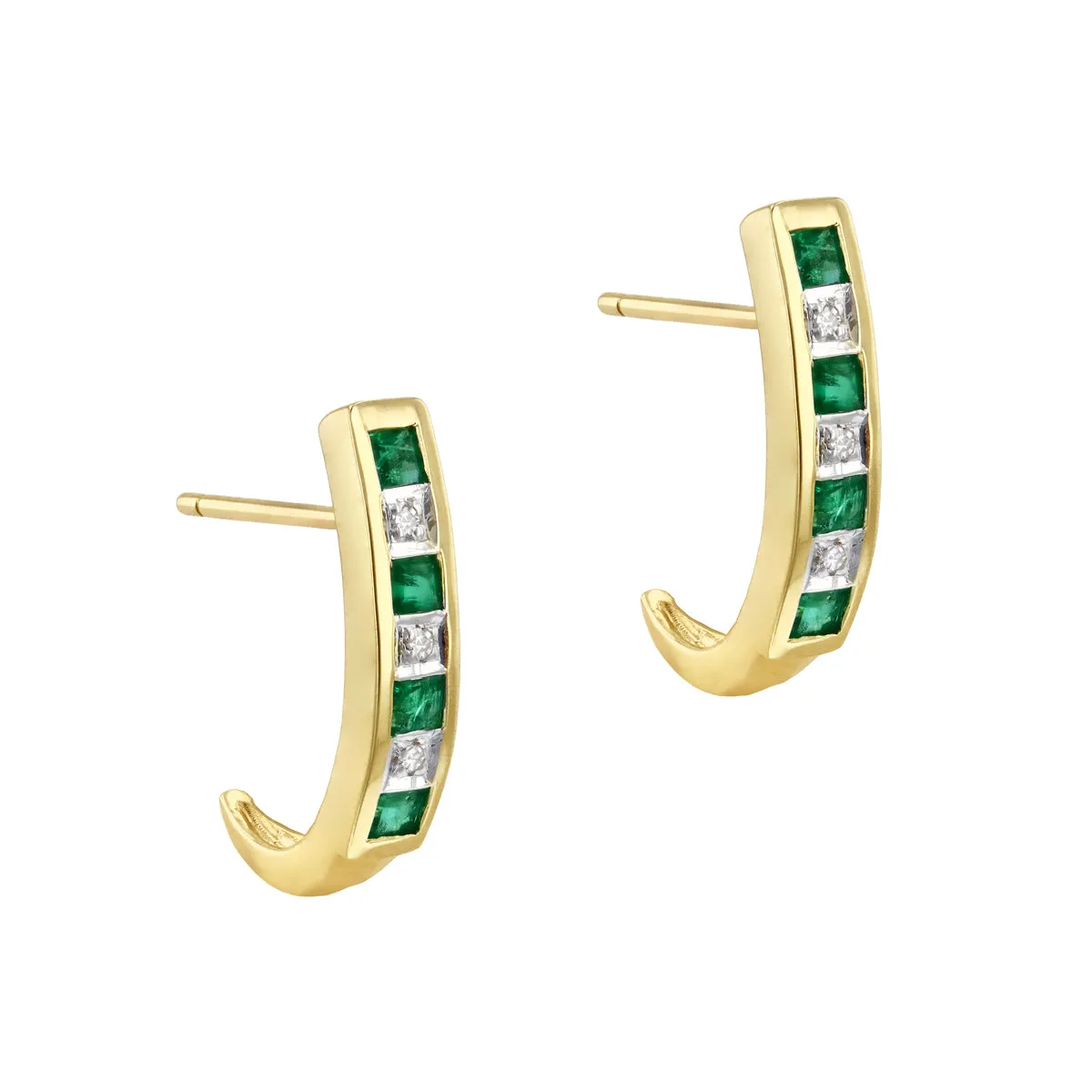 0.36ct Emerald and Diamond Half Hoop Earrings | 9K Solid Yellow Gold