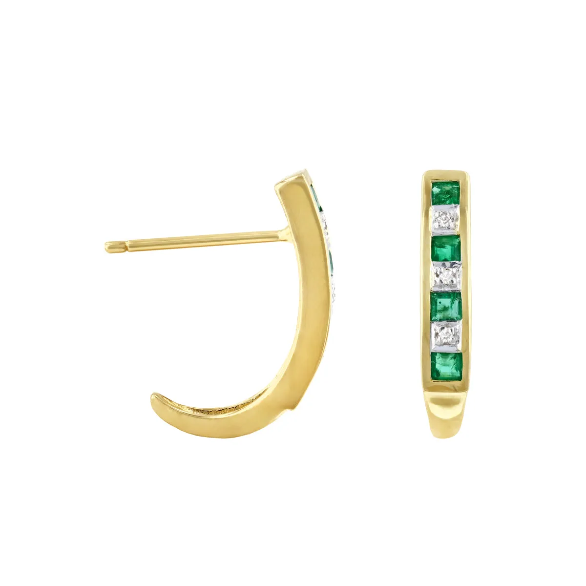 0.36ct Emerald and Diamond Half Hoop Earrings | 9K Solid Yellow Gold