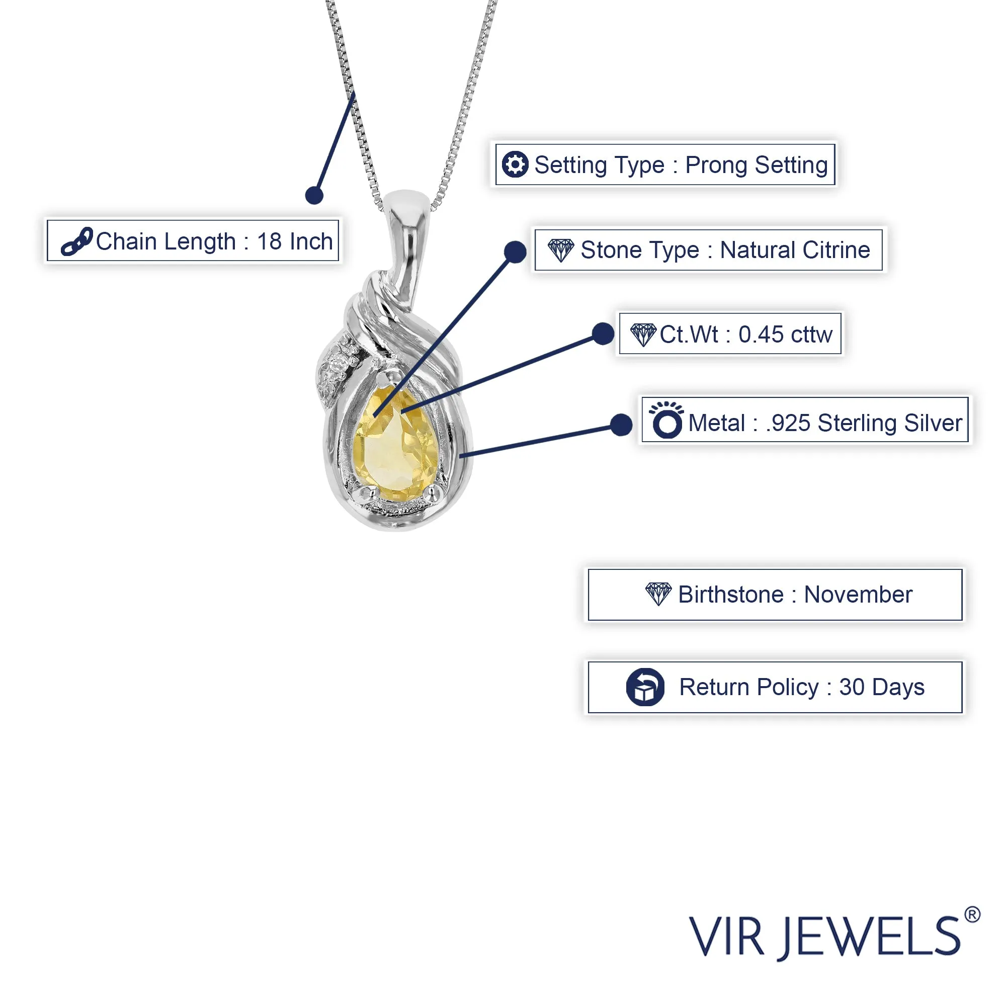 0.45 cttw Pendant Necklace, Citrine Pear Shape Pendant Necklace for Women in .925 Sterling Silver with Rhodium, 18 Inch Chain, Prong Setting