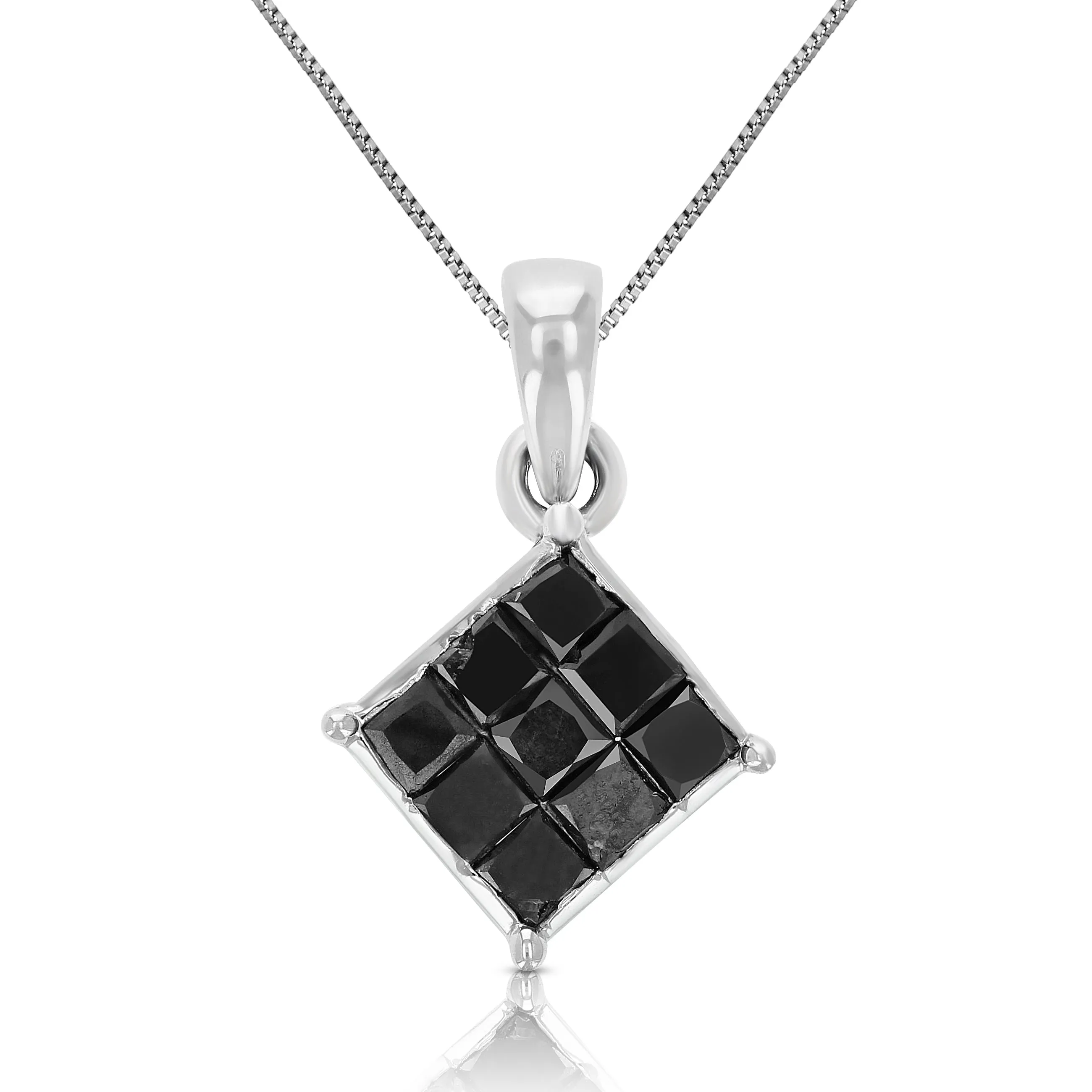 0.70 cttw Princess Cut Black Diamond Composite Pendant Necklace 10K White Gold