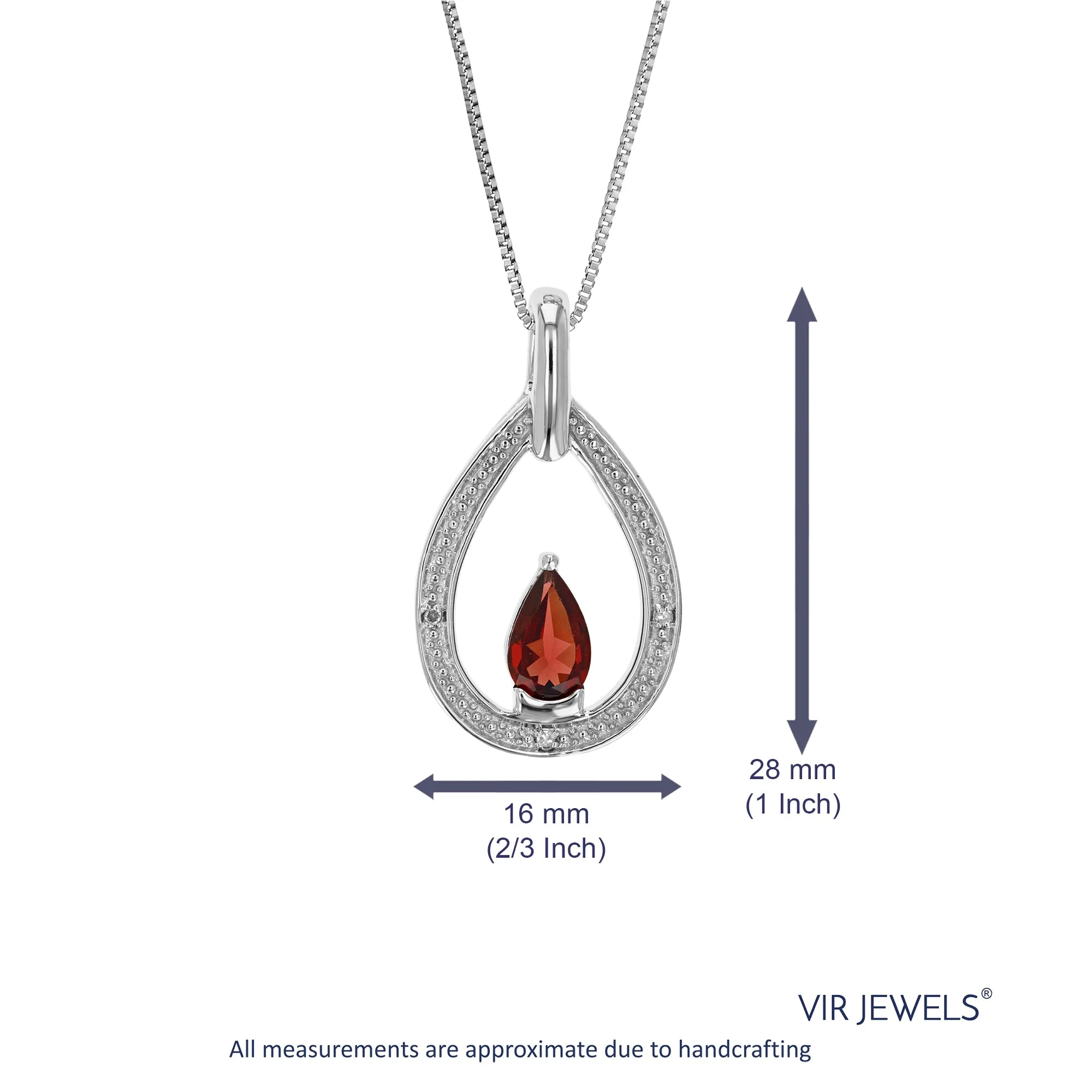 0.72 cttw Pendant Necklace, Diamond and Garnet Pear Pendant Necklace for Women in .925 Sterling Silver with Rhodium, 18 Inch Chain, Prong Setting