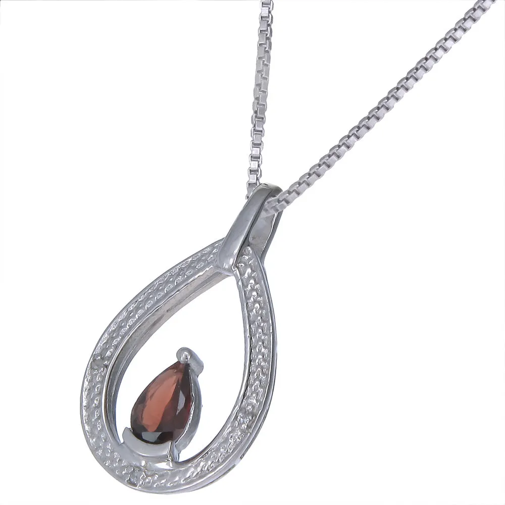 0.72 cttw Pendant Necklace, Diamond and Garnet Pear Pendant Necklace for Women in .925 Sterling Silver with Rhodium, 18 Inch Chain, Prong Setting