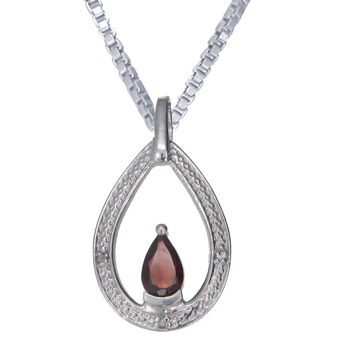 0.72 cttw Pendant Necklace, Diamond and Garnet Pear Pendant Necklace for Women in .925 Sterling Silver with Rhodium, 18 Inch Chain, Prong Setting