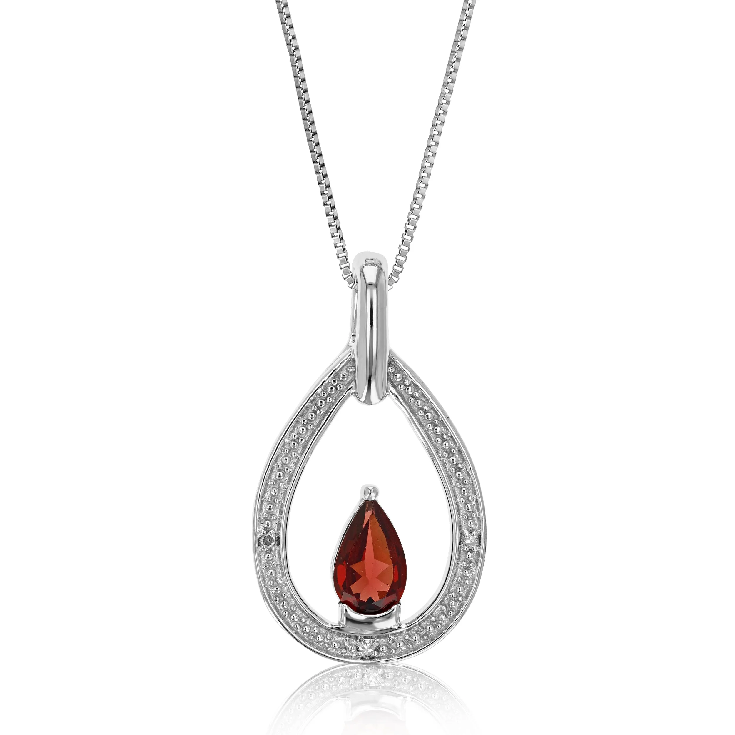 0.72 cttw Pendant Necklace, Diamond and Garnet Pear Pendant Necklace for Women in .925 Sterling Silver with Rhodium, 18 Inch Chain, Prong Setting