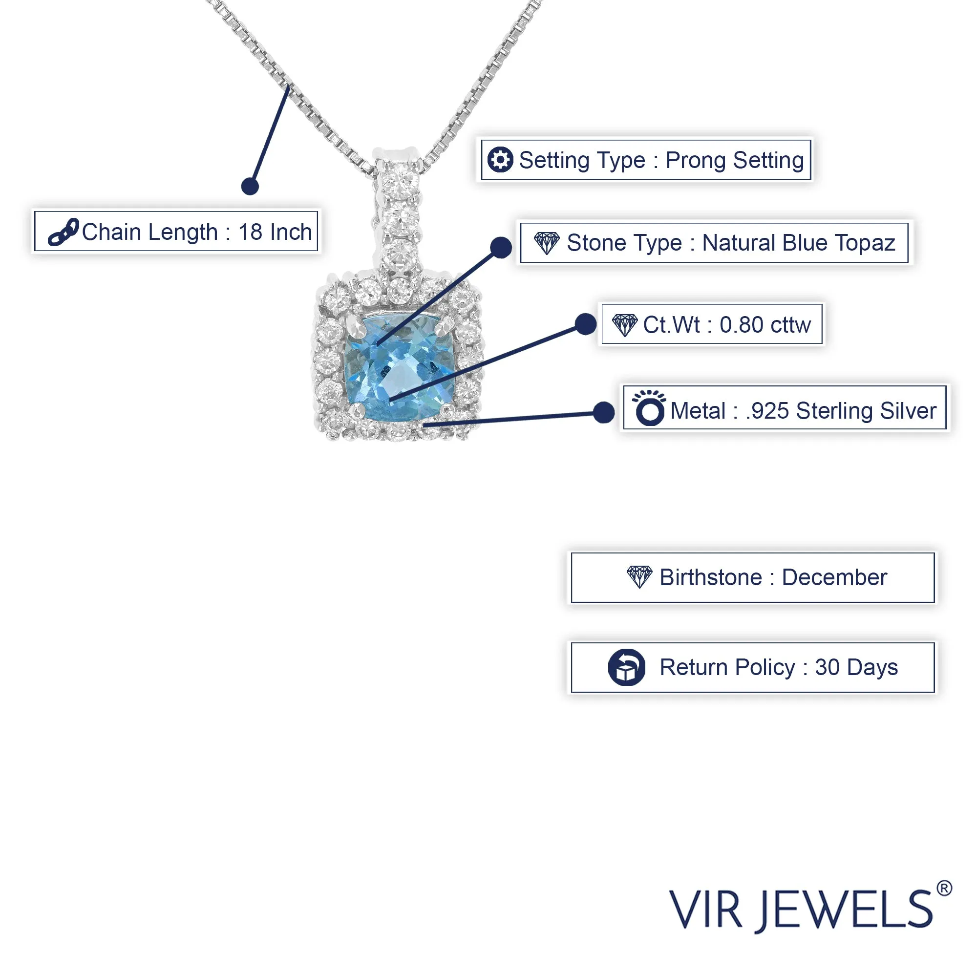 0.80 cttw Pendant Necklace, Blue Topaz Pendant Necklace for Women in .925 Sterling Silver, 18 Inch Chain, Prong Setting