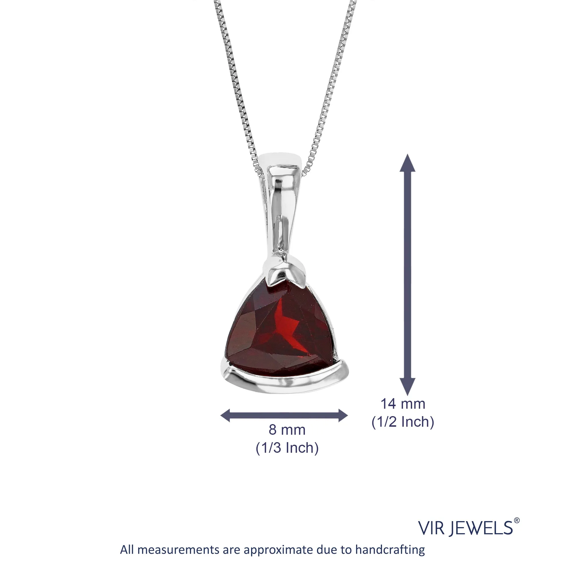 0.80 cttw Pendant Necklace, Garnet Trillion Shape Pendant Necklace for Women in .925 Sterling Silver with Rhodium, 18 Inch Chain, Bezel Setting