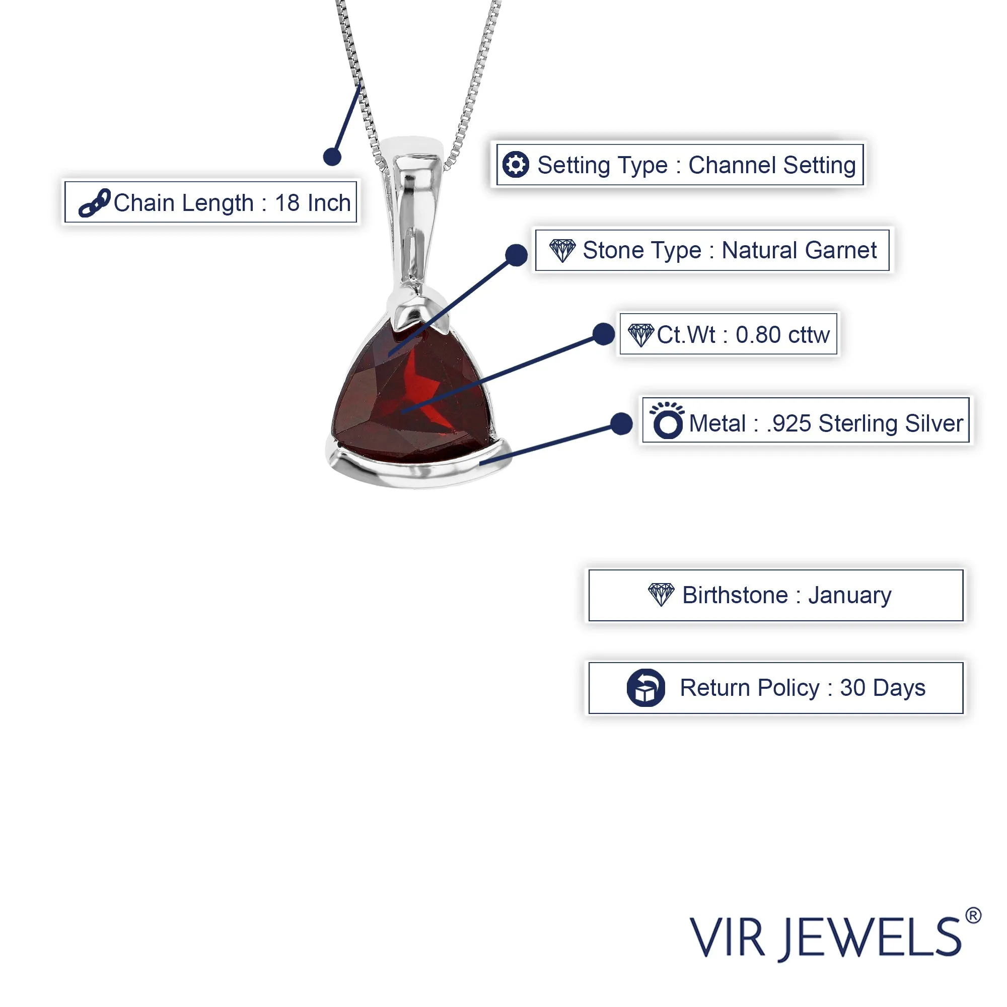 0.80 cttw Pendant Necklace, Garnet Trillion Shape Pendant Necklace for Women in .925 Sterling Silver with Rhodium, 18 Inch Chain, Bezel Setting