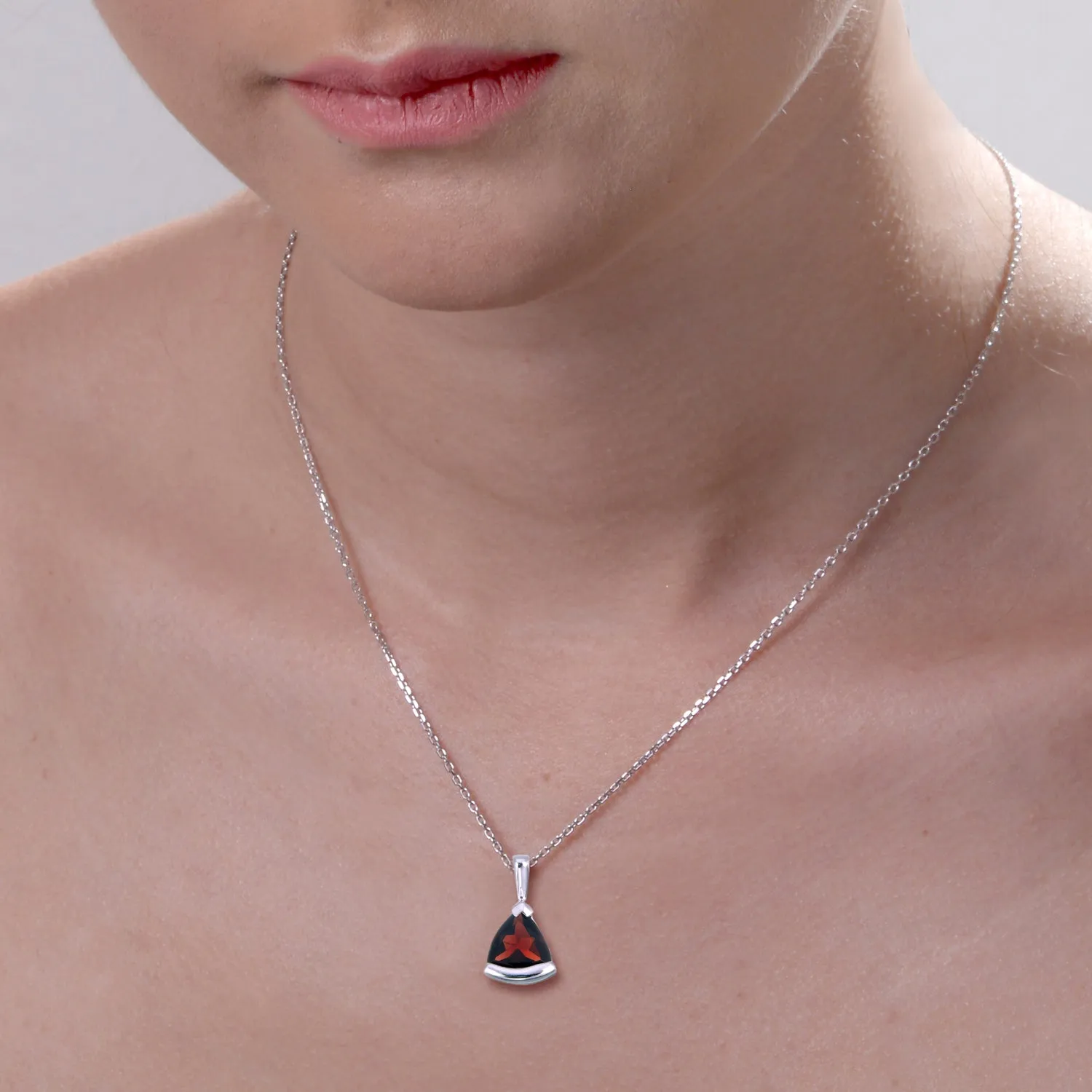 0.80 cttw Pendant Necklace, Garnet Trillion Shape Pendant Necklace for Women in .925 Sterling Silver with Rhodium, 18 Inch Chain, Bezel Setting