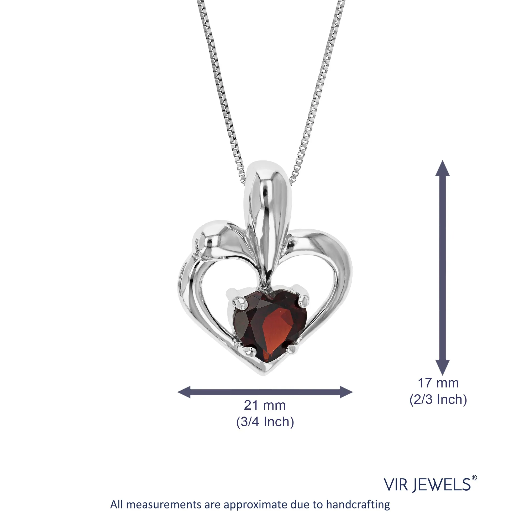 0.90 cttw Pendant Necklace, Garnet Heart Pendant Necklace for Women in .925 Sterling Silver with Rhodium, 18 Inch Chain, Prong Setting