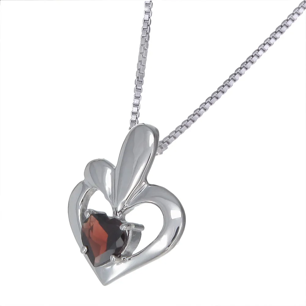 0.90 cttw Pendant Necklace, Garnet Heart Pendant Necklace for Women in .925 Sterling Silver with Rhodium, 18 Inch Chain, Prong Setting