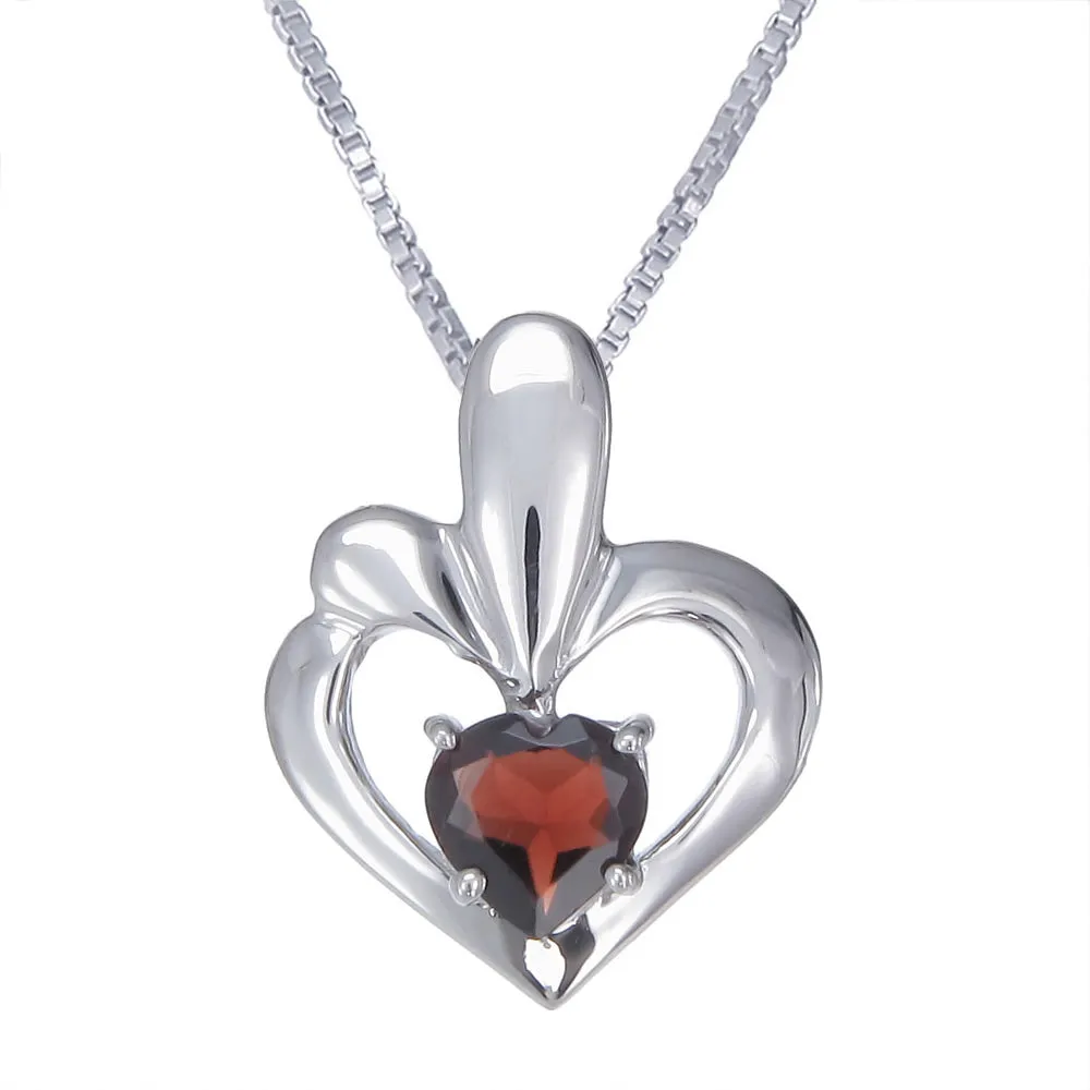 0.90 cttw Pendant Necklace, Garnet Heart Pendant Necklace for Women in .925 Sterling Silver with Rhodium, 18 Inch Chain, Prong Setting