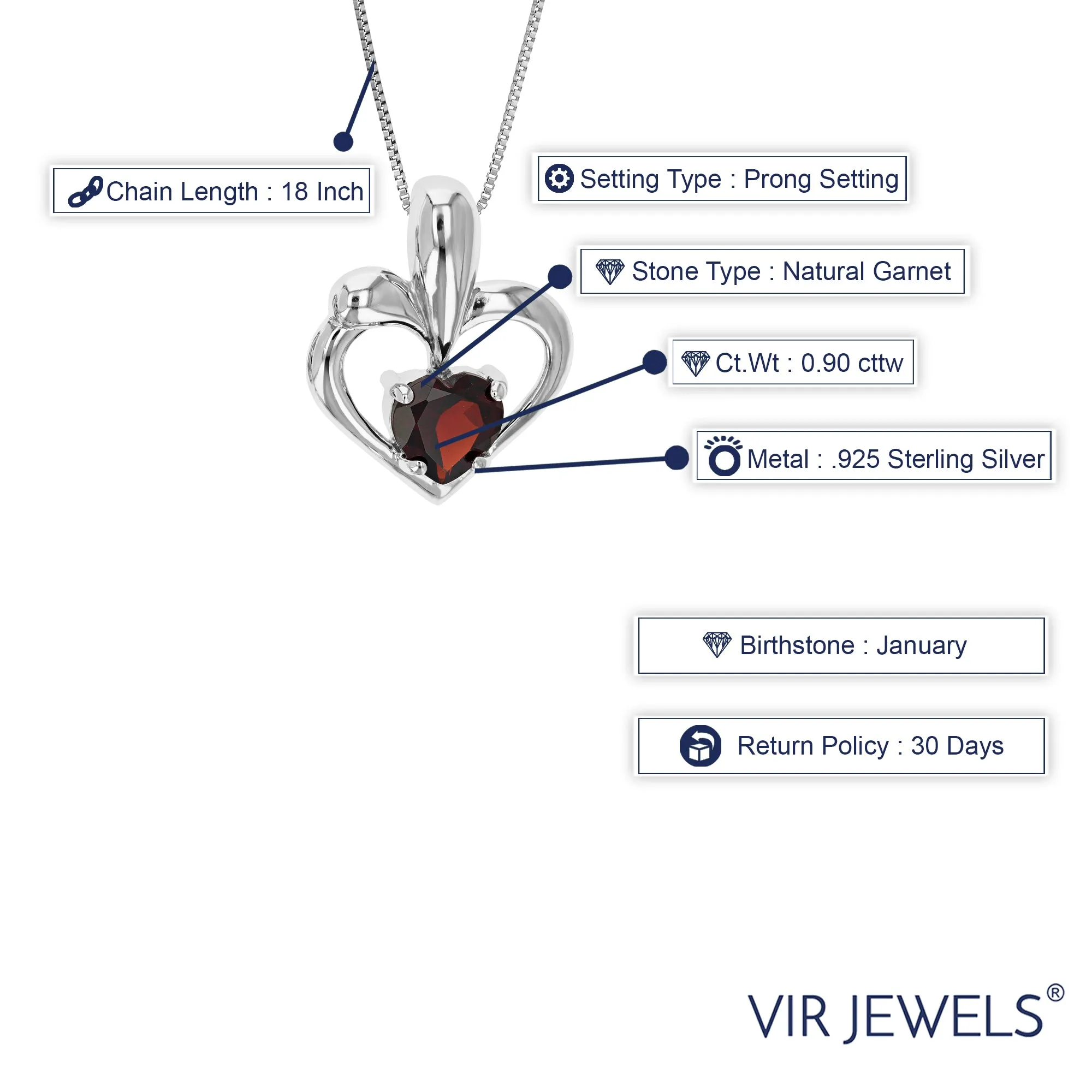 0.90 cttw Pendant Necklace, Garnet Heart Pendant Necklace for Women in .925 Sterling Silver with Rhodium, 18 Inch Chain, Prong Setting