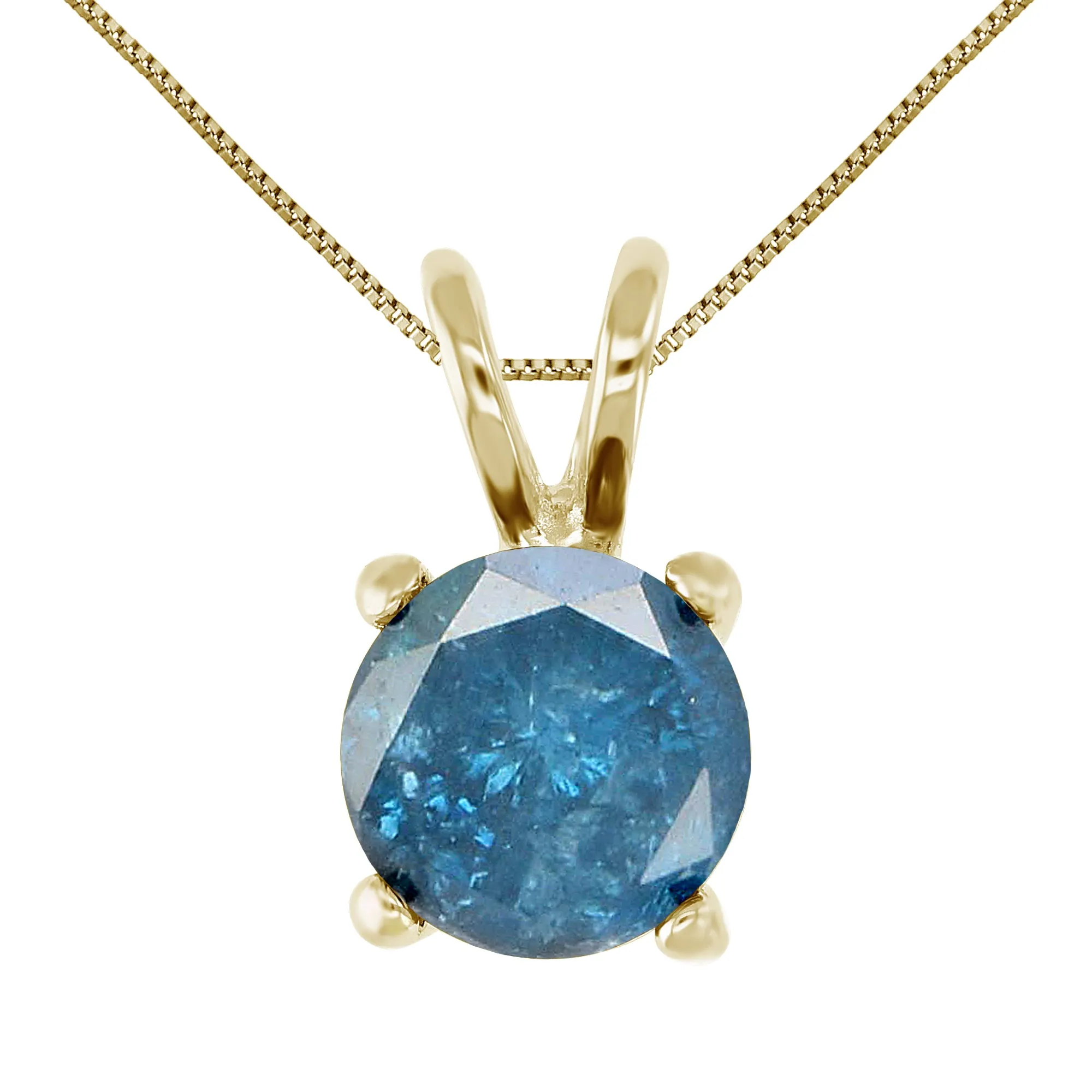 1 cttw Blue Diamond Solitaire Pendant Necklace 14K Yellow Gold Round with Chain