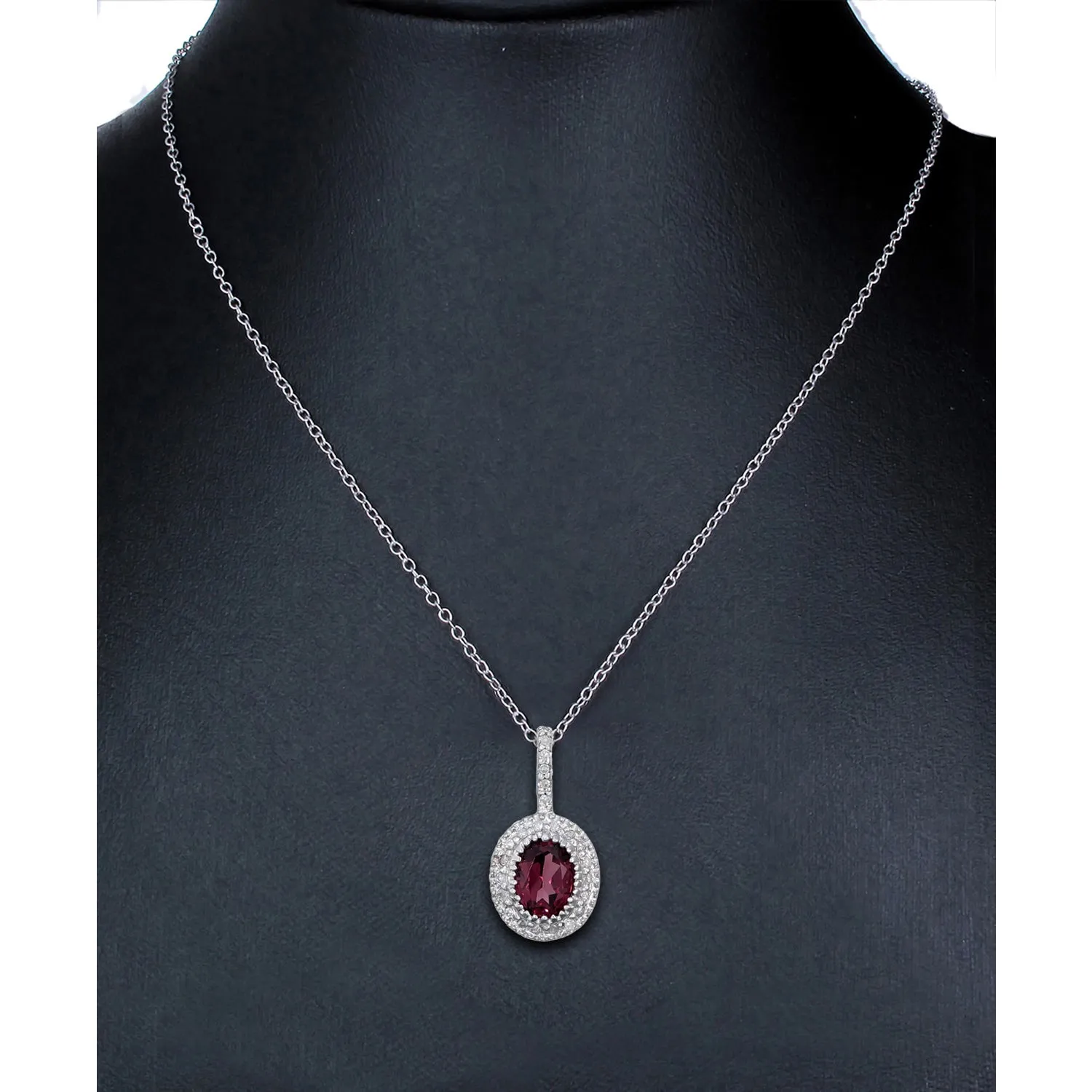 1 cttw Diamond Pendant, Oval Shape Garnet and Diamond Pendant Necklace for Women in 14K White Gold with 18 Inch Chain, Prong Setting