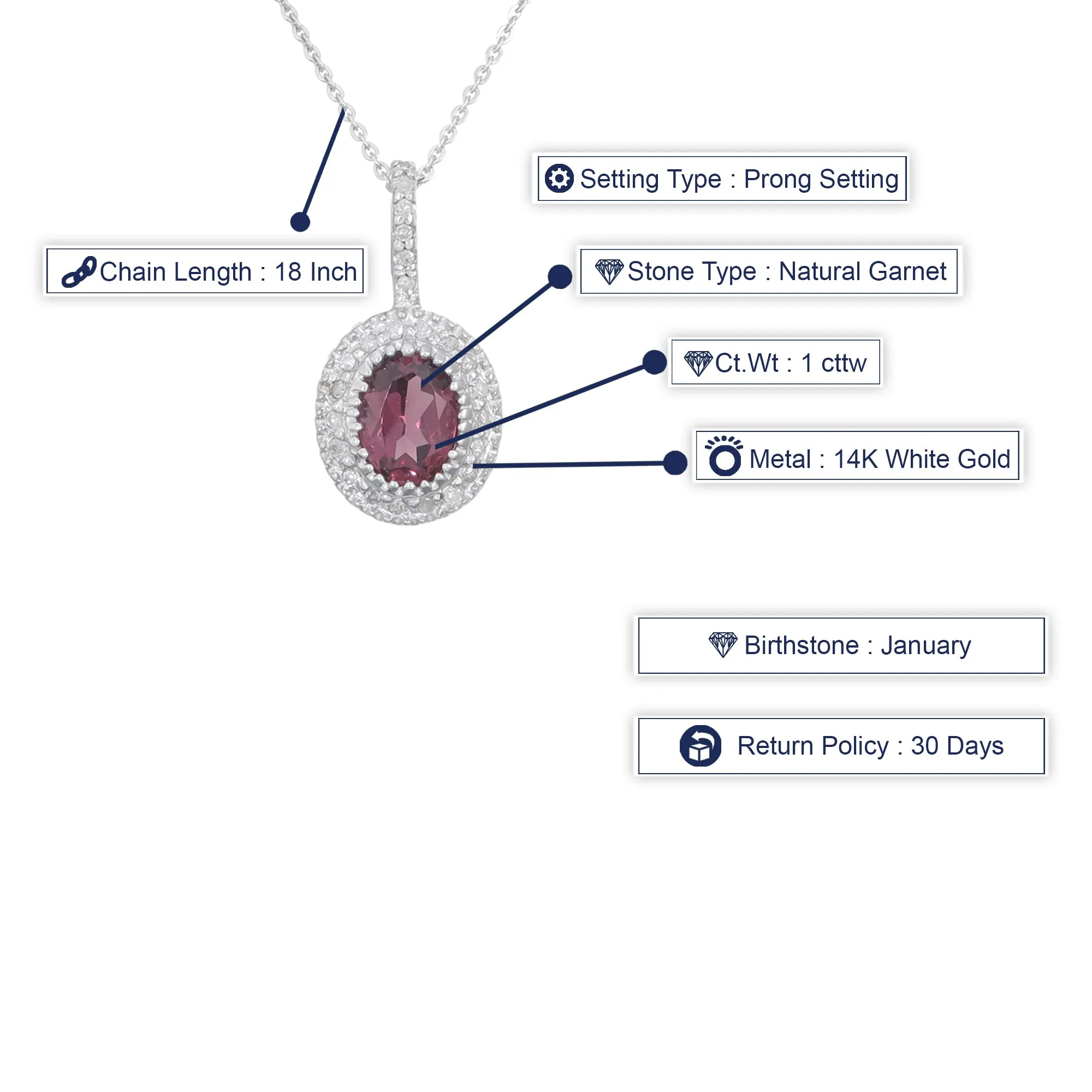 1 cttw Diamond Pendant, Oval Shape Garnet and Diamond Pendant Necklace for Women in 14K White Gold with 18 Inch Chain, Prong Setting