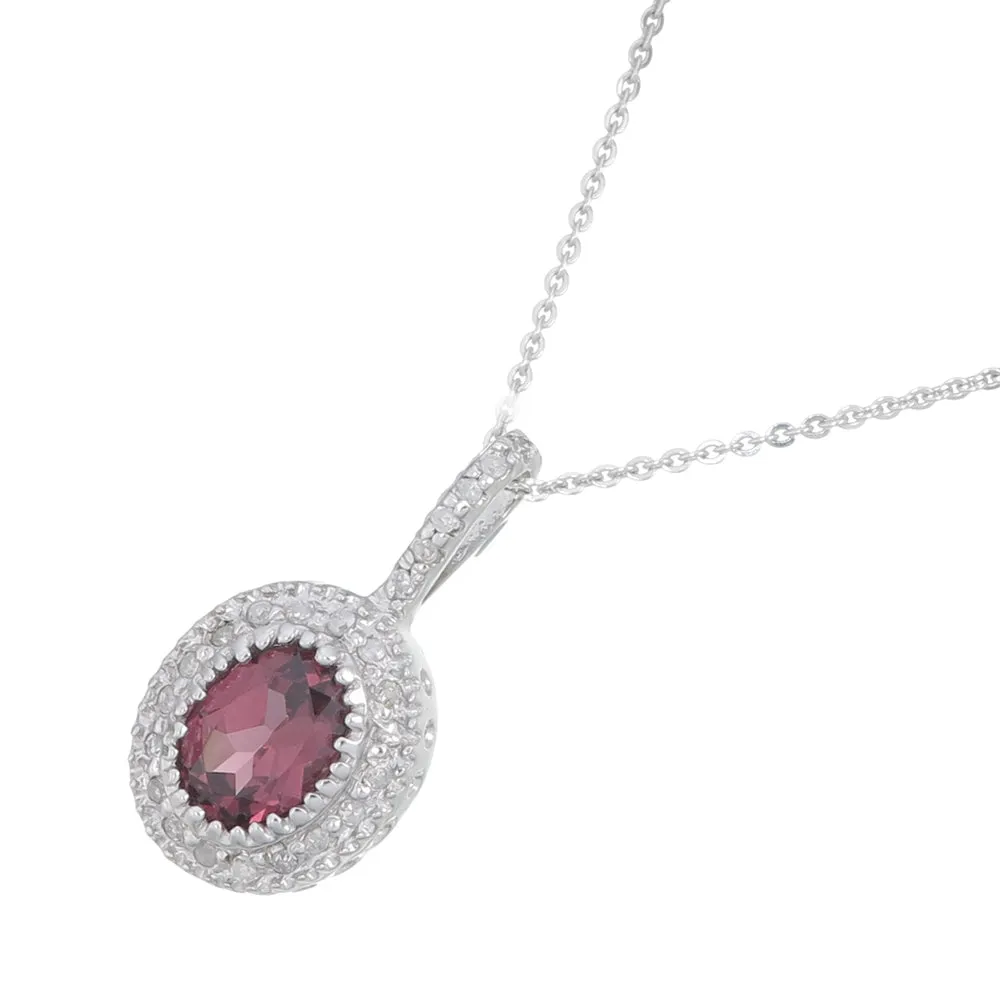 1 cttw Diamond Pendant, Oval Shape Garnet and Diamond Pendant Necklace for Women in 14K White Gold with 18 Inch Chain, Prong Setting