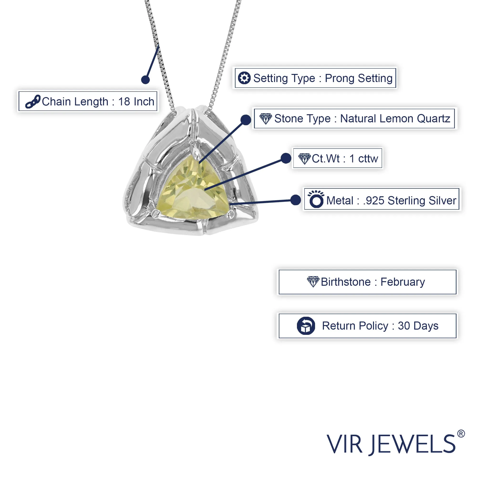 1 cttw Pendant Necklace, Lemon Quartz Trillion Shape Pendant Necklace for Women in .925 Sterling Silver with Rhodium, 18 Inch Chain, Prong Setting