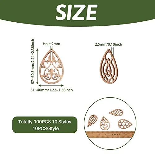 100pcs Unfinished Hollow Drop Wood Cutouts Blank Filigree Teardrop Wooden Pieces Earring Pendants for DIY Jewelry Crafts Making