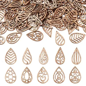 100pcs Unfinished Hollow Drop Wood Cutouts Blank Filigree Teardrop Wooden Pieces Earring Pendants for DIY Jewelry Crafts Making