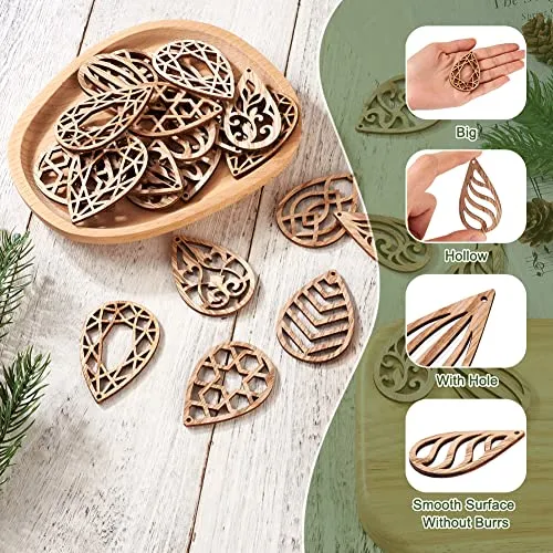 100pcs Unfinished Hollow Drop Wood Cutouts Blank Filigree Teardrop Wooden Pieces Earring Pendants for DIY Jewelry Crafts Making