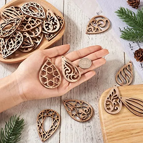 100pcs Unfinished Hollow Drop Wood Cutouts Blank Filigree Teardrop Wooden Pieces Earring Pendants for DIY Jewelry Crafts Making