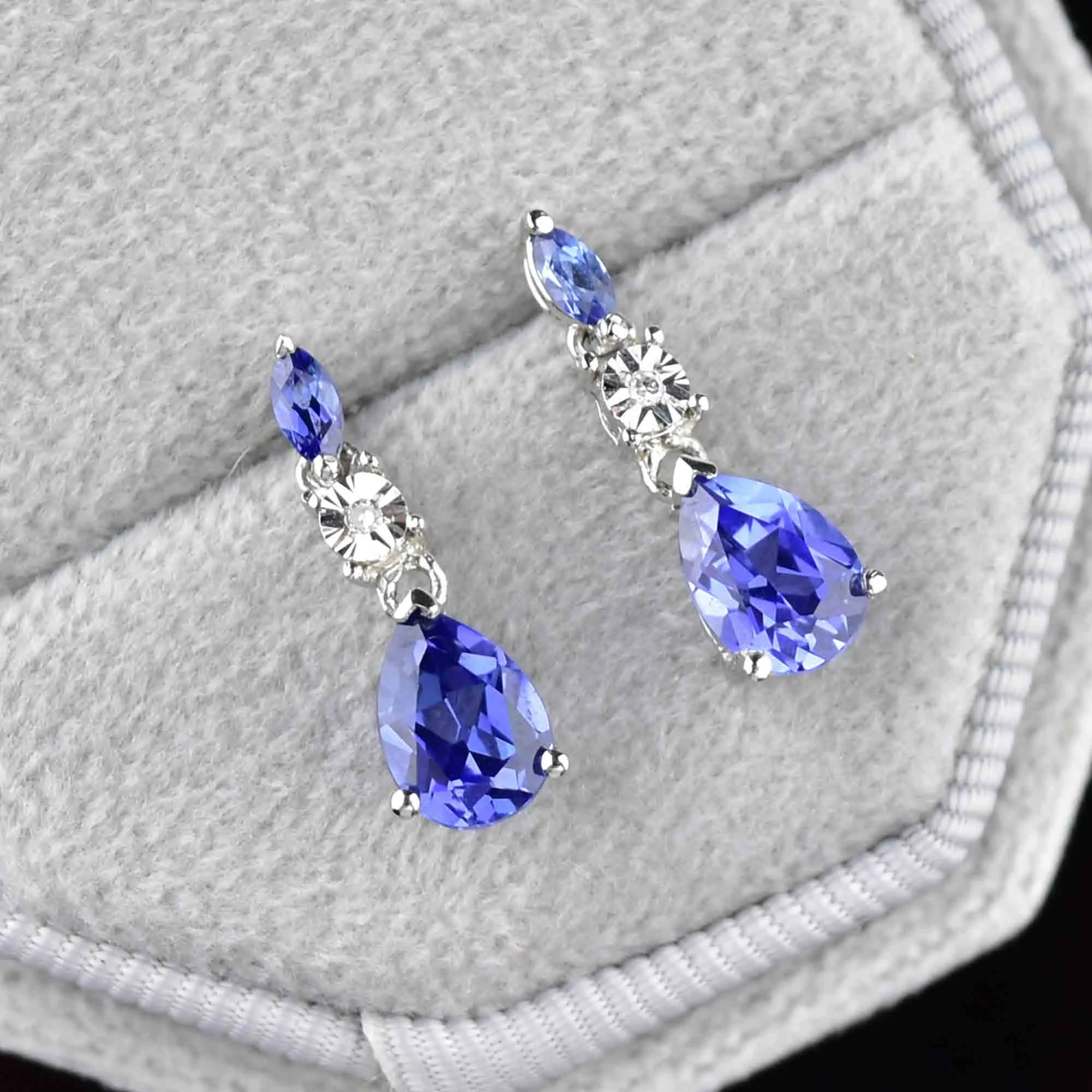 10K White Gold Diamond Sapphire Drop Earrings