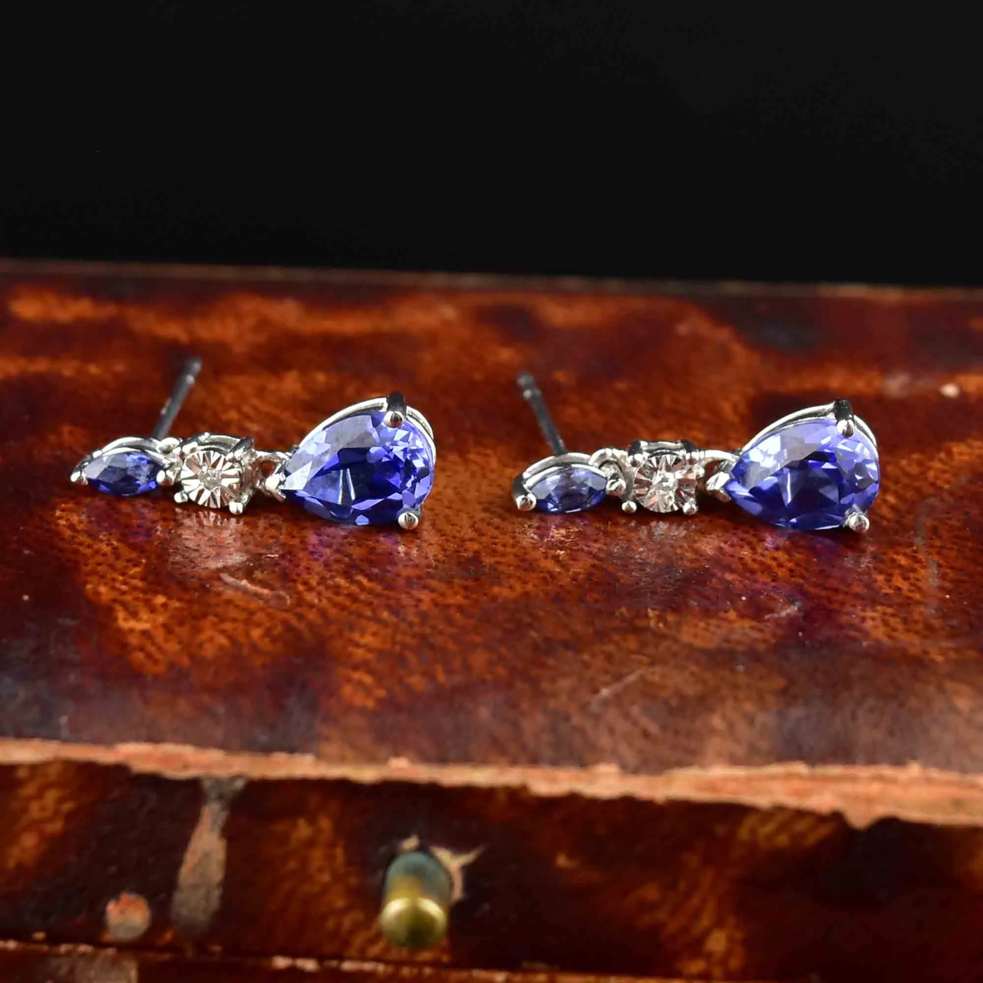 10K White Gold Diamond Sapphire Drop Earrings