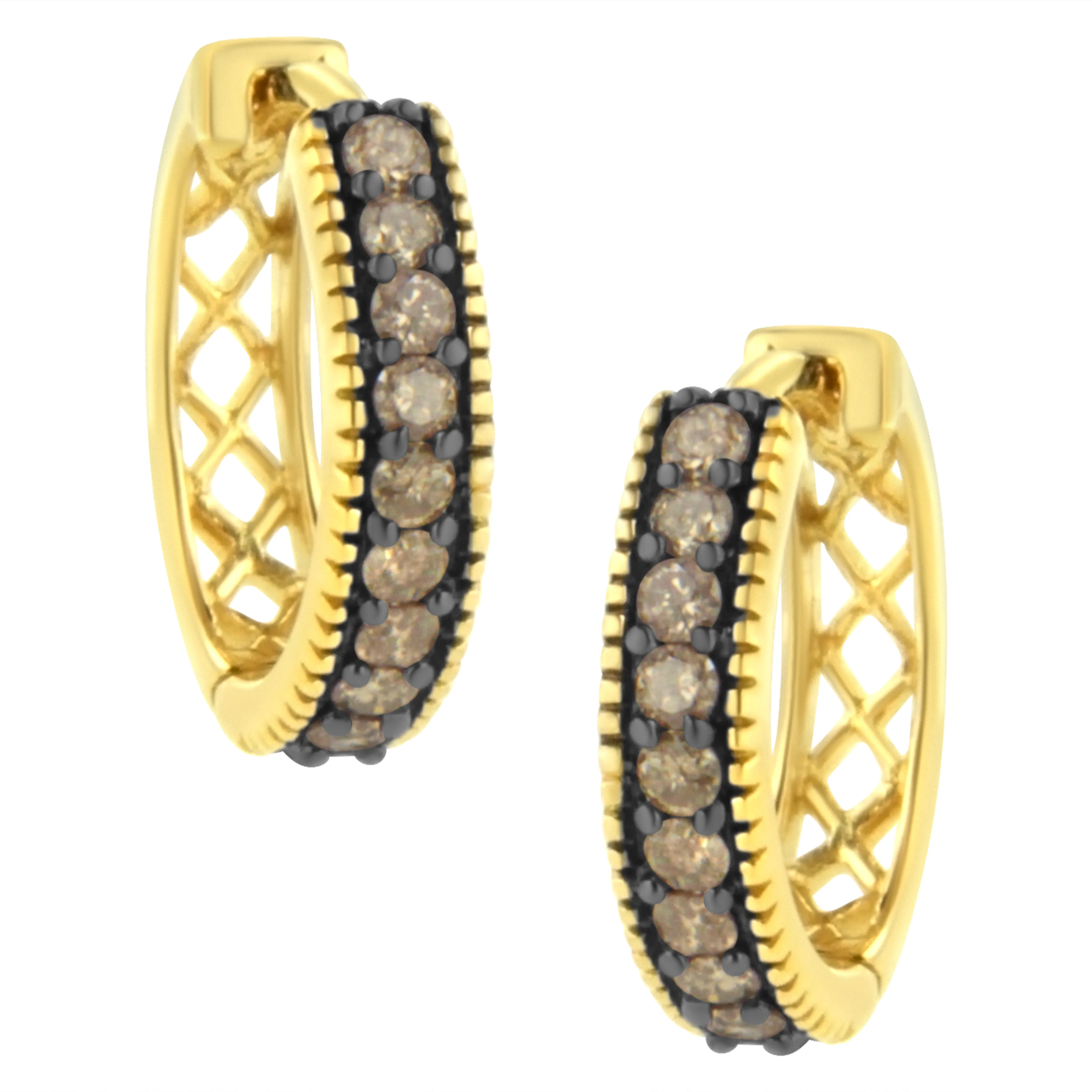 10K Yellow Gold and Black Rhodium 1/2 Cttw Lattice Back Cutout and Round-Cut Diamond Hoop Earring