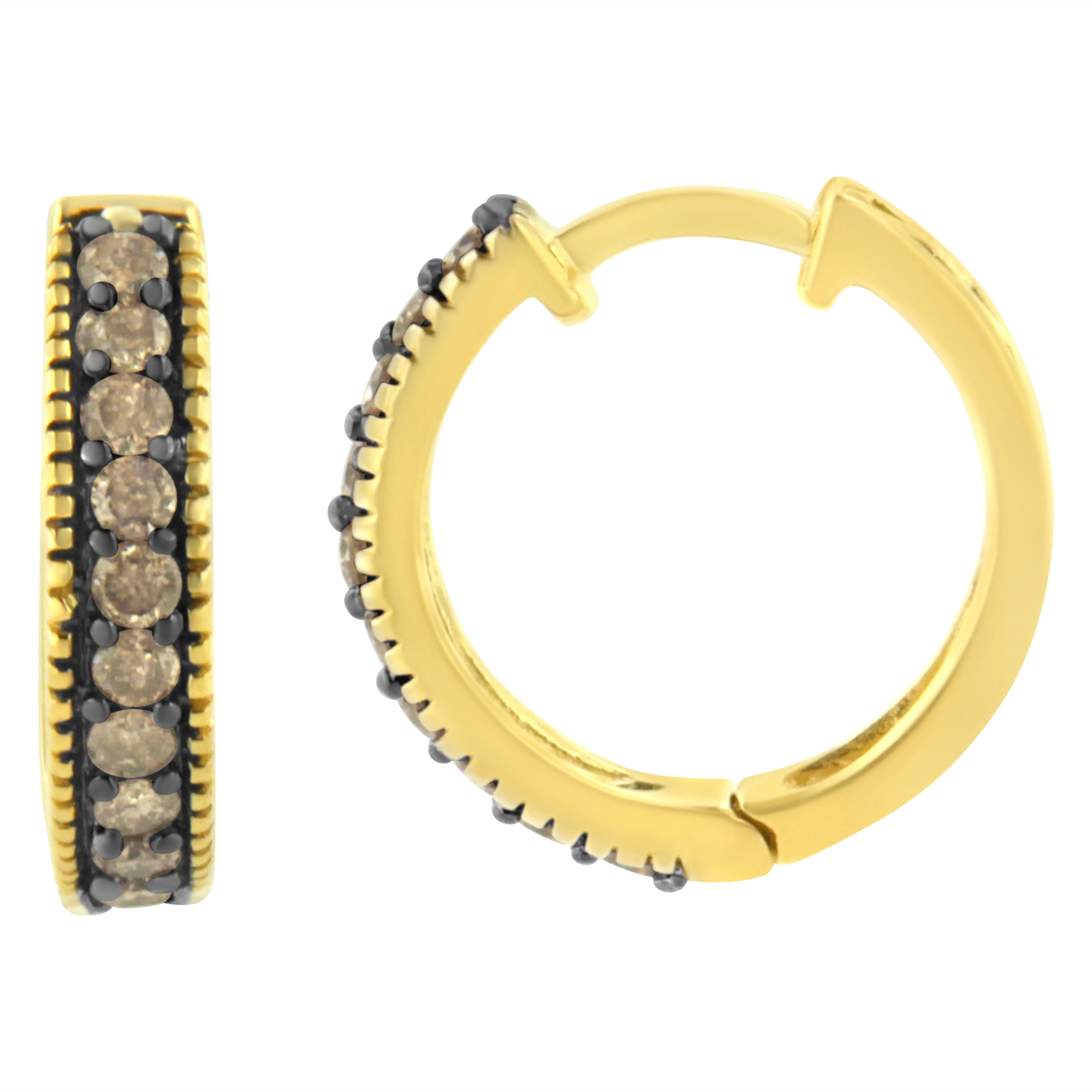 10K Yellow Gold and Black Rhodium 1/2 Cttw Lattice Back Cutout and Round-Cut Diamond Hoop Earring