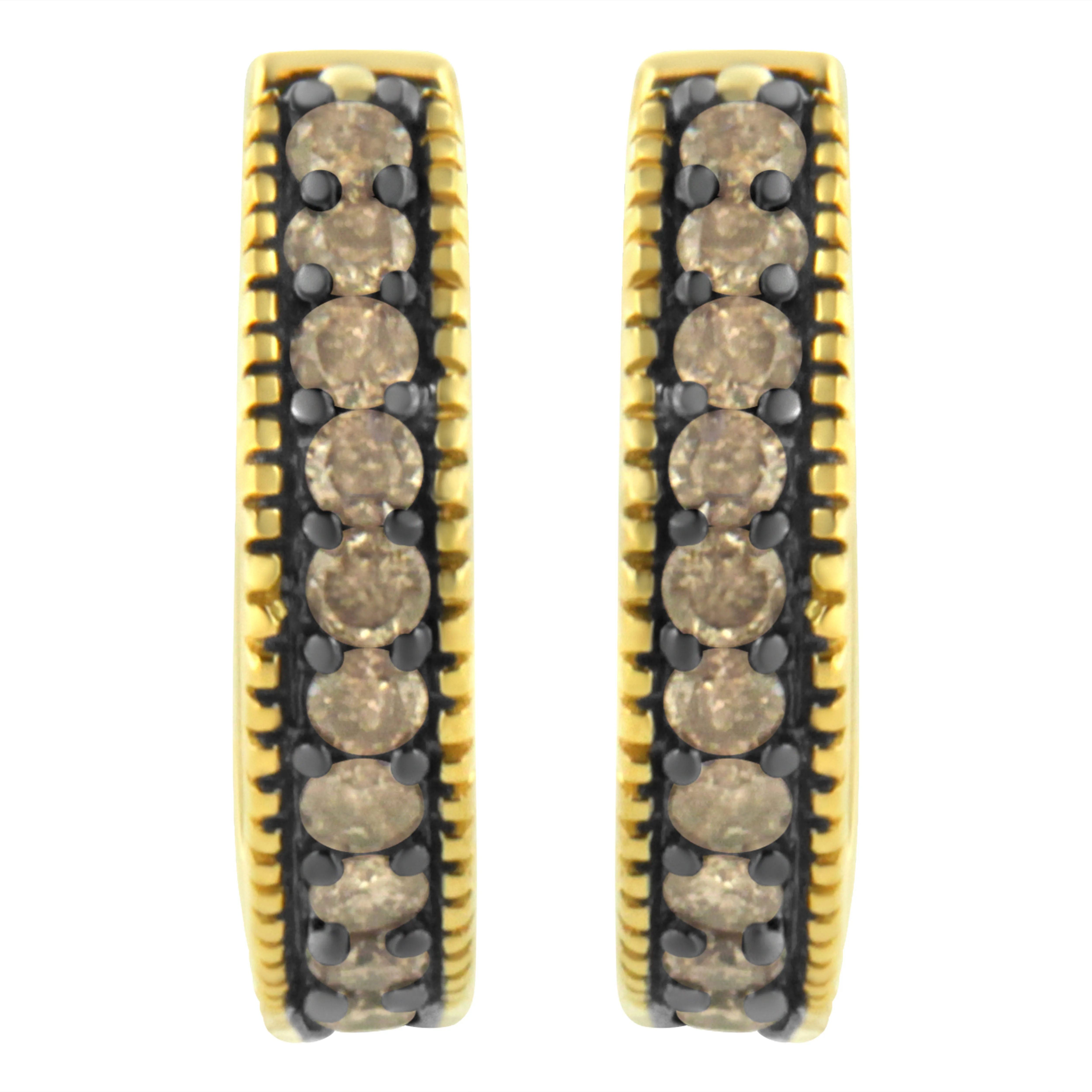 10K Yellow Gold and Black Rhodium 1/2 Cttw Lattice Back Cutout and Round-Cut Diamond Hoop Earring