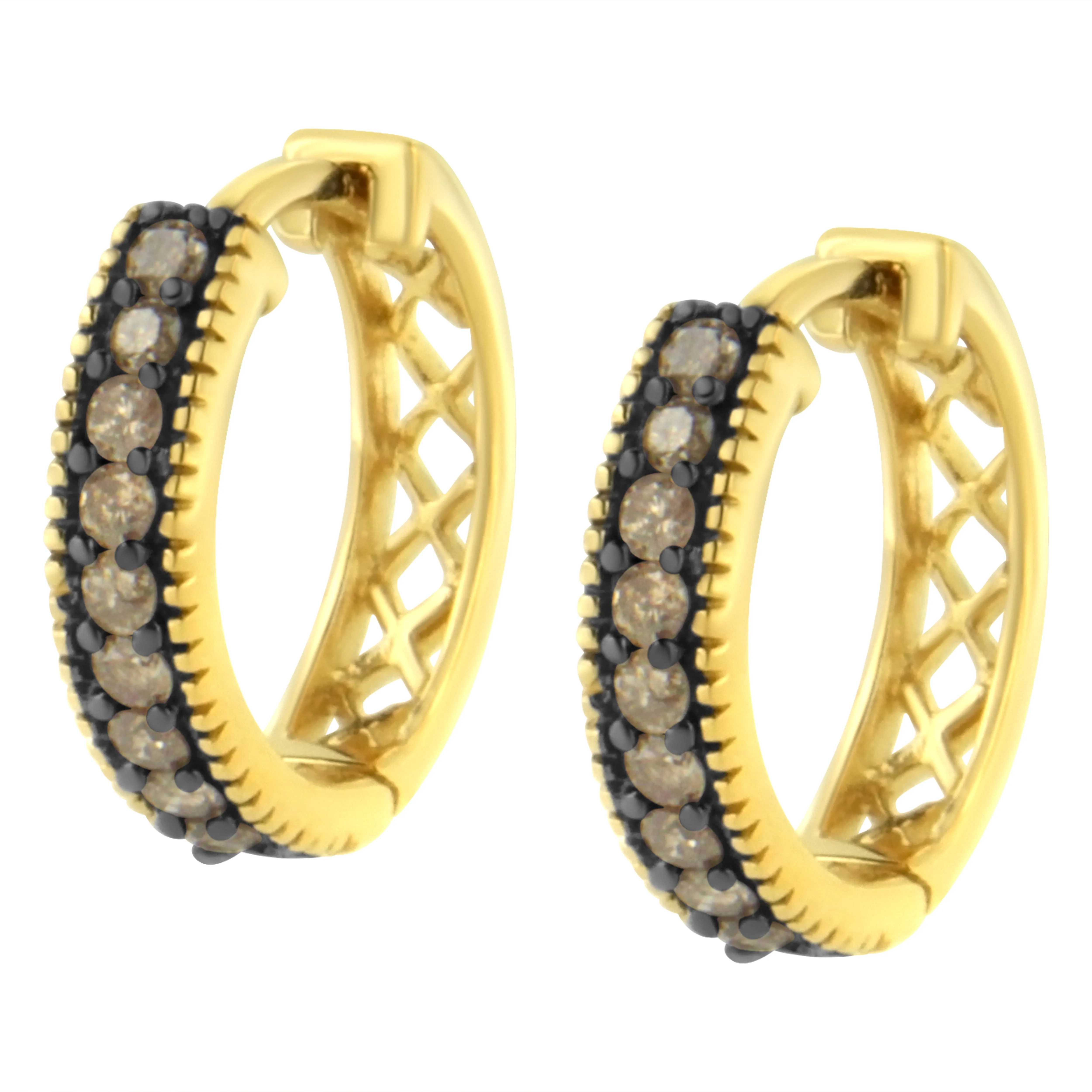 10K Yellow Gold and Black Rhodium 1/2 Cttw Lattice Back Cutout and Round-Cut Diamond Hoop Earring