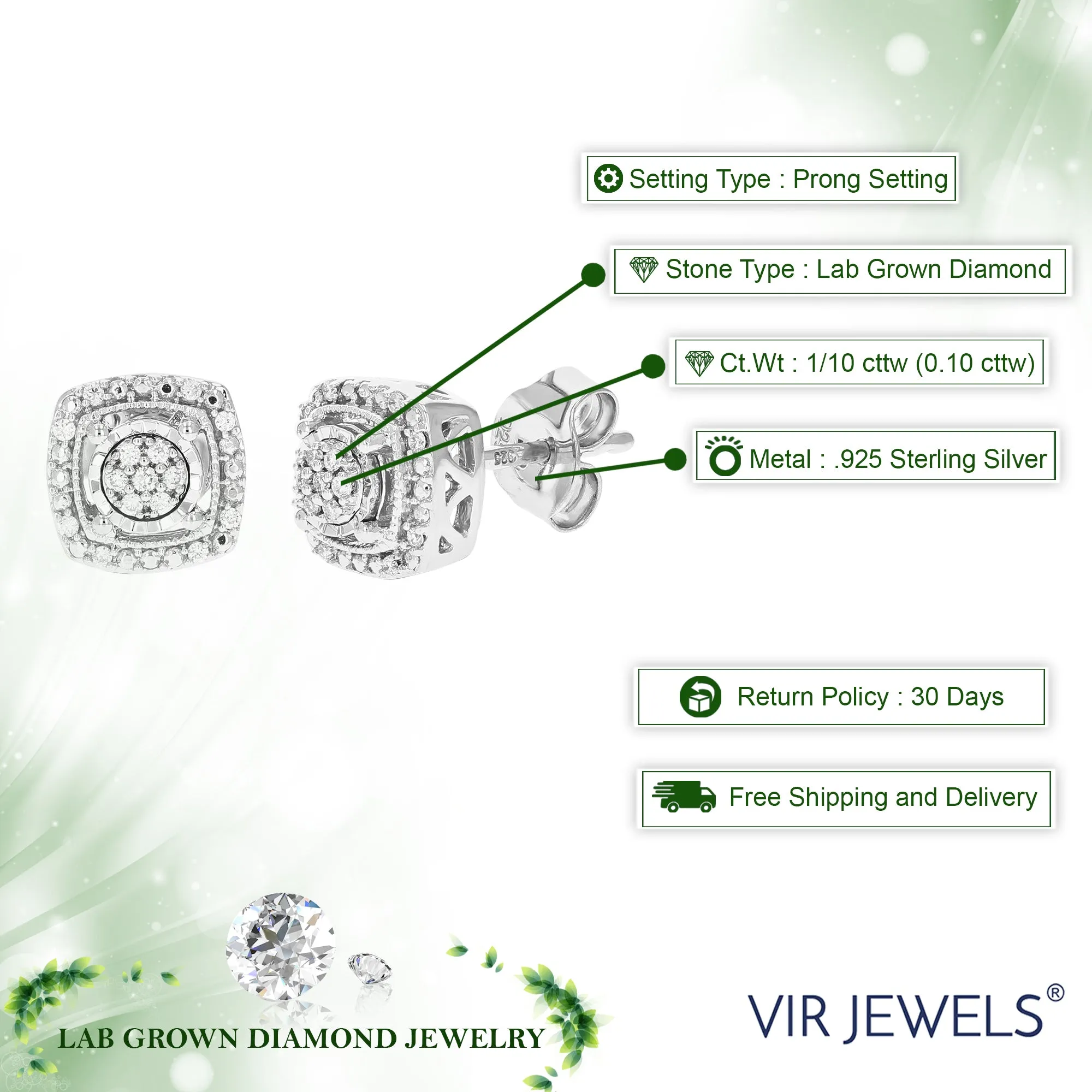 1/10 cttw 30 Stones Round Lab Grown Diamond Studs Earrings .925 Sterling Silver Prong Set Square Shape