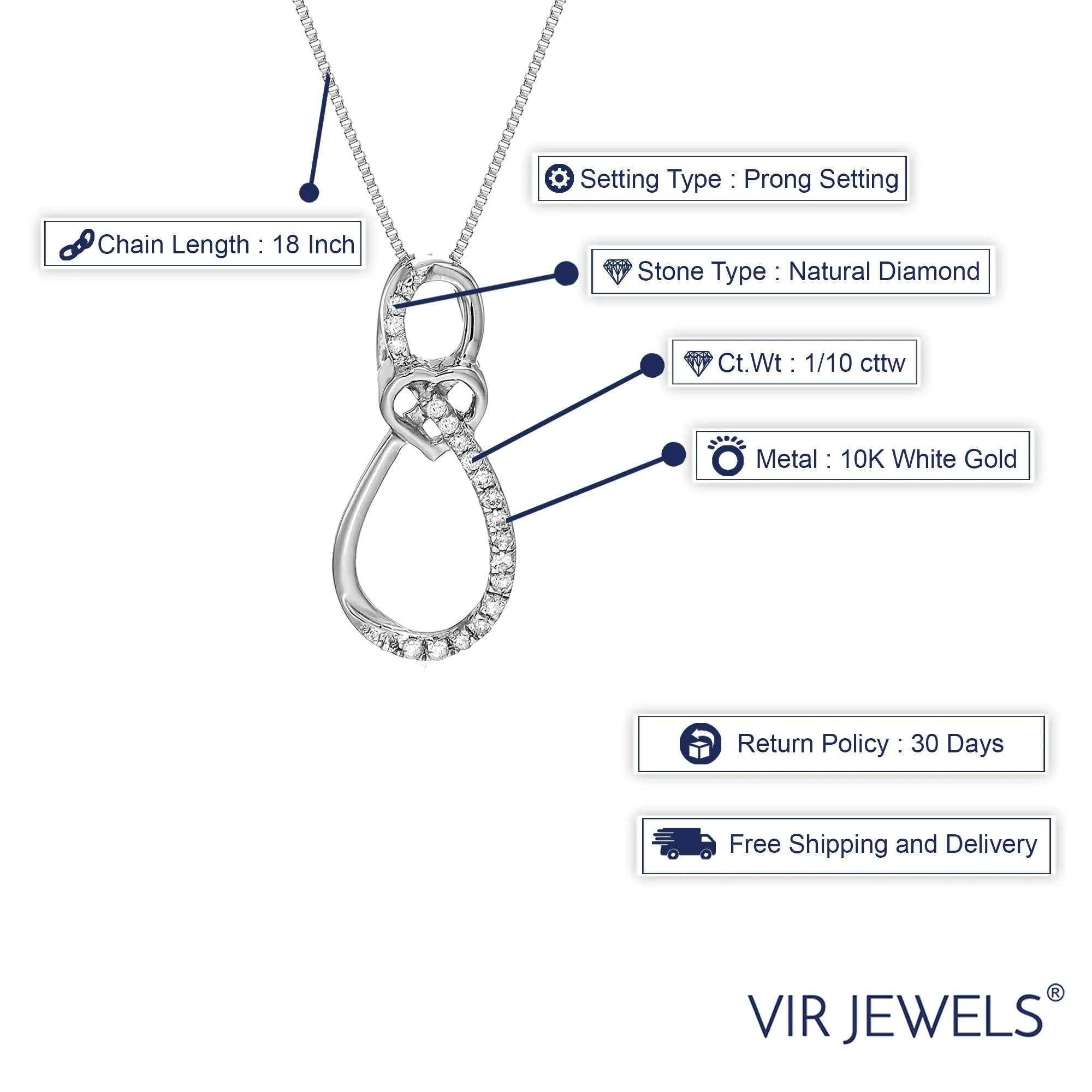 1/10 cttw Diamond Pendant, Diamond Drop Pendant Necklace for Women in 10K White Gold with 18 Inch Chain, Prong Setting