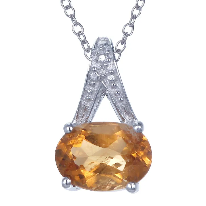 1.20 cttw Pendant Necklace, Citrine Oval Pendant Necklace for Women in .925 Sterling Silver with Rhodium, 18 Inch Chain, Prong Setting