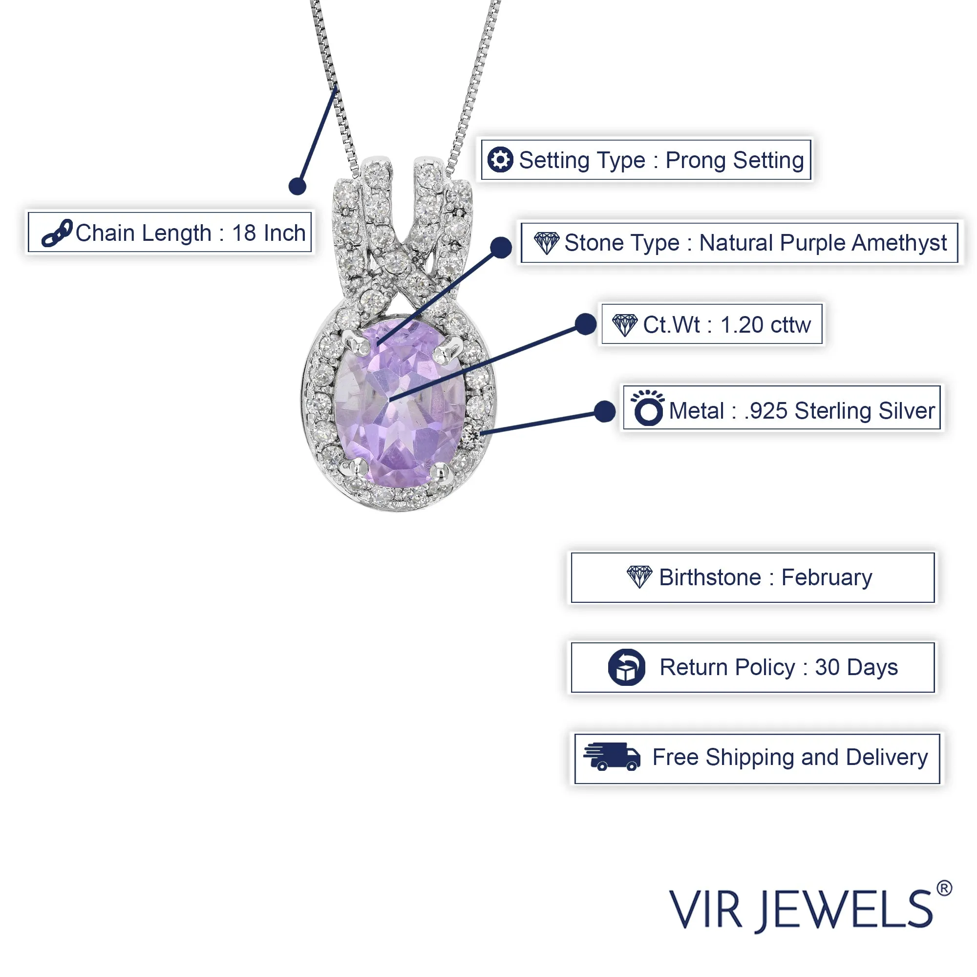 1.20 cttw Pendant Necklace, Purple Amethyst Pendant Necklace for Women in .925 Sterling Silver with 18 Inch Chain, Prong Setting