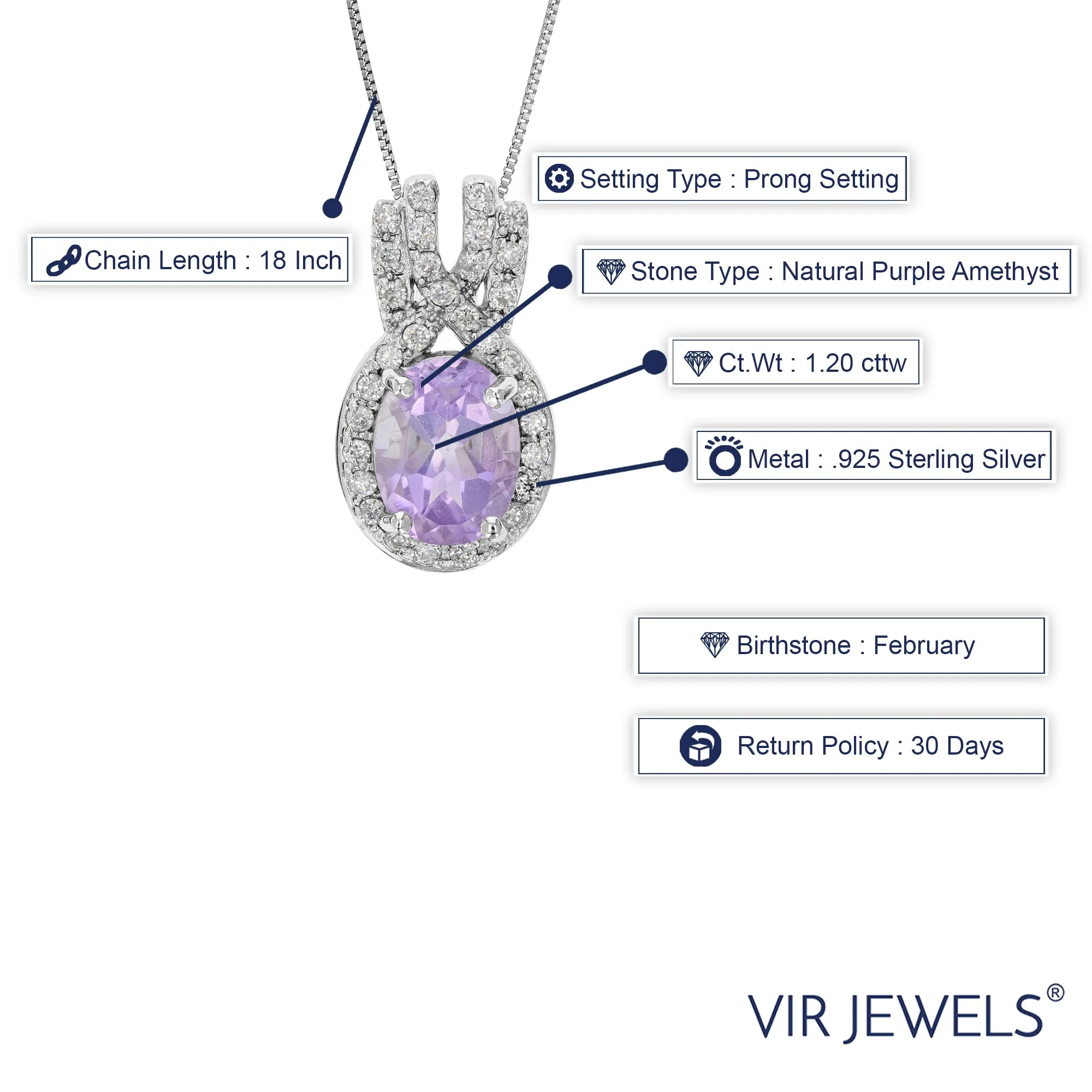 1.20 cttw Pendant Necklace, Purple Amethyst Pendant Necklace for Women in .925 Sterling Silver with 18 Inch Chain, Prong Setting