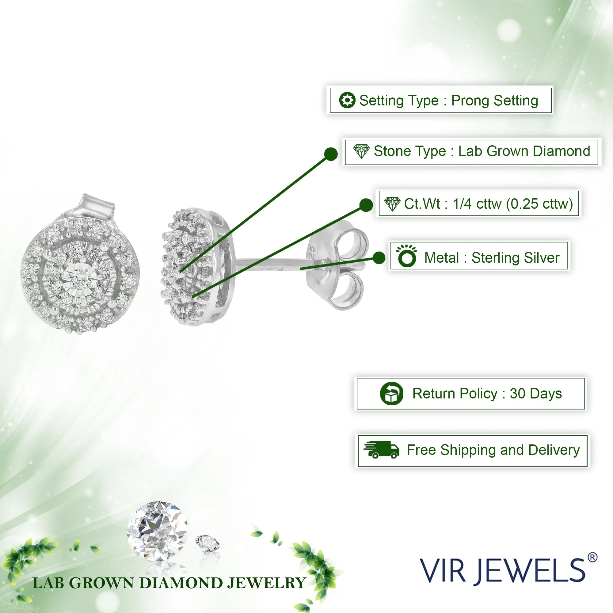 1/4 cttw Round Lab Grown Diamond Stud Earrings Prong Set on Round Shaped .925 Sterling Silver