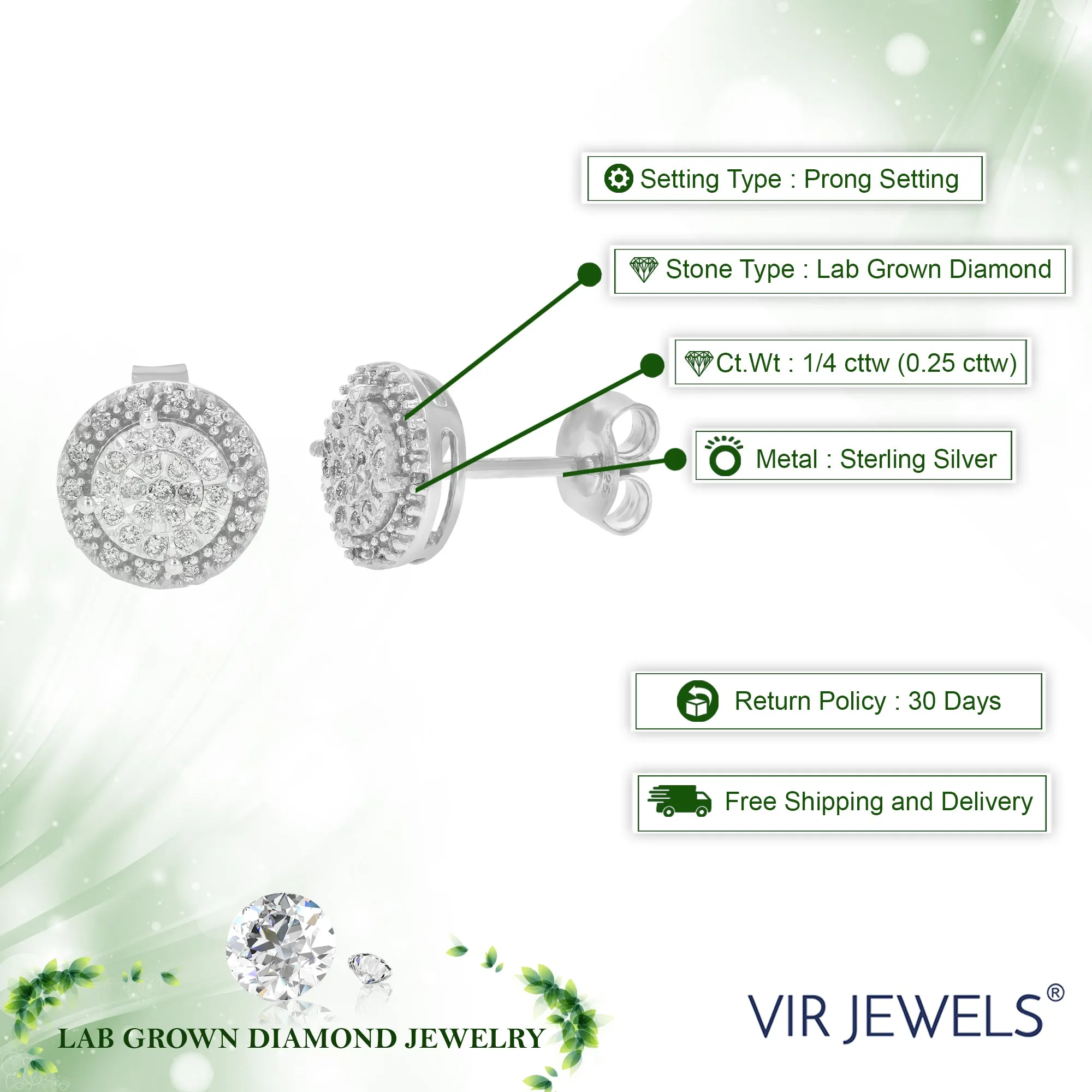 1/4 cttw Round Studs Lab Grown Diamond Earrings .925 Sterling Silver Prong Settings Round Shape