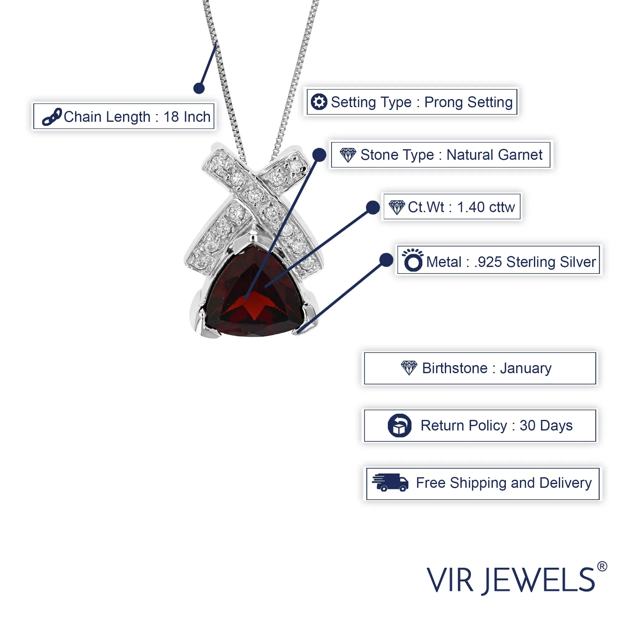 1.40 cttw Garnet Pendant Necklace .925 Sterling Silver 9 MM Trillion With Chain