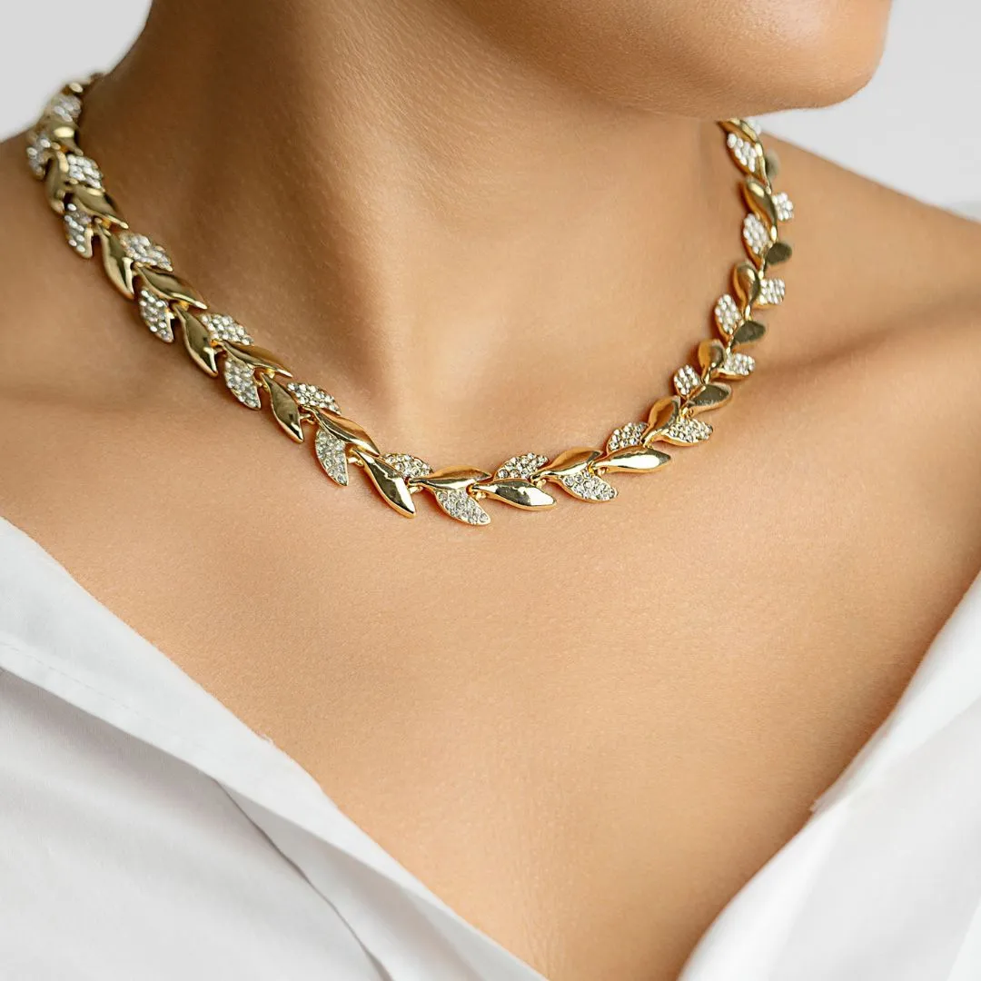 14k Gold Plated Crystal Leaf Necklace