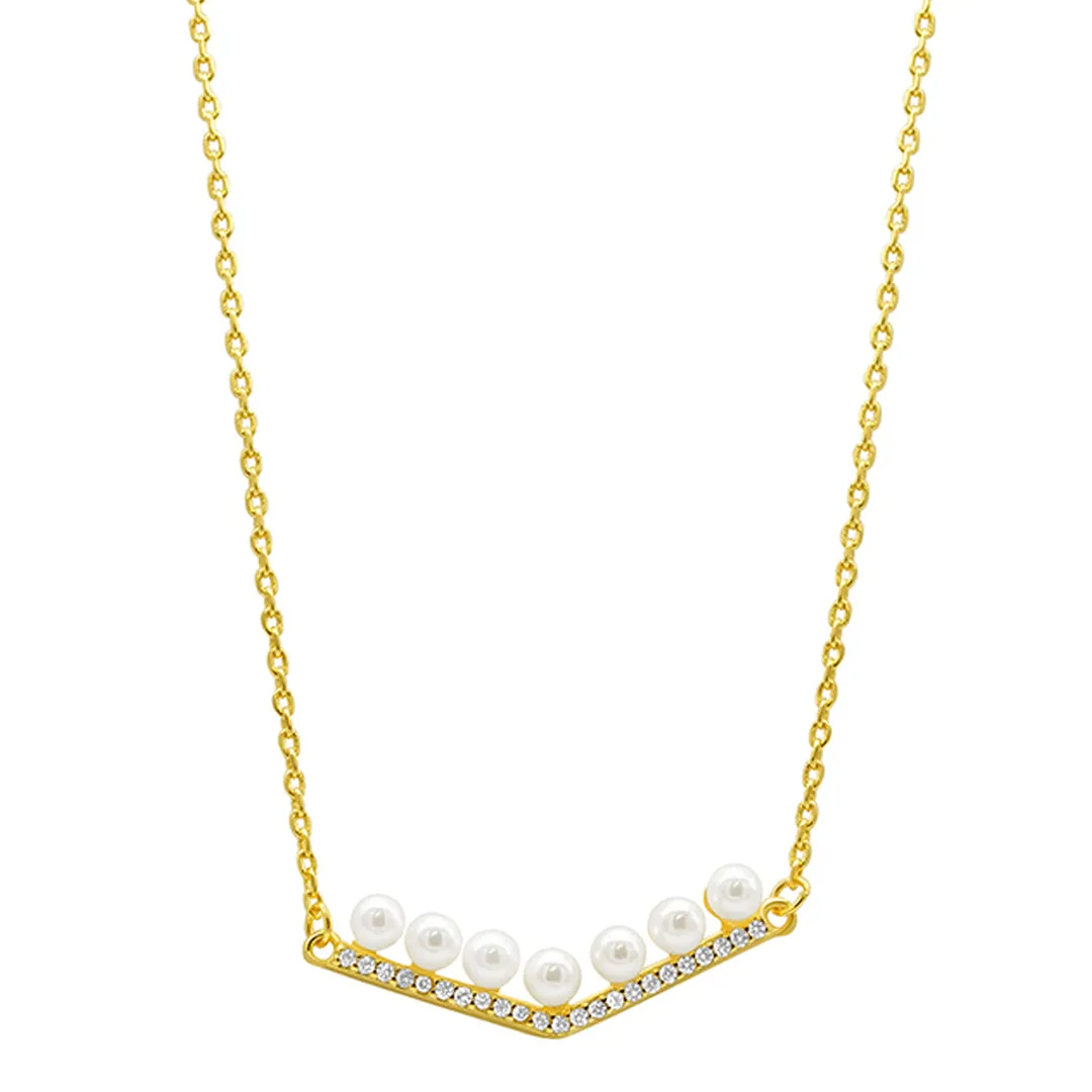 14k Gold Plated Crystal Pearl Bar V-Necklace