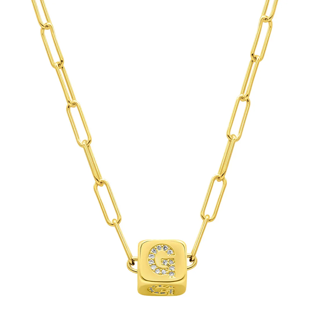 14k Gold Plated Initial Cube Paperclip Necklace