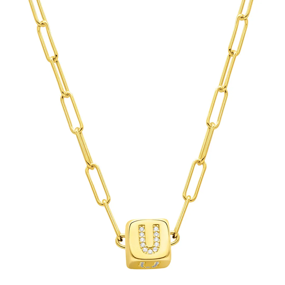 14k Gold Plated Initial Cube Paperclip Necklace