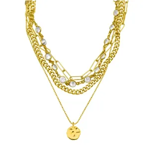 14k Gold Plated Messy Layered Necklace with Pebbled Charm