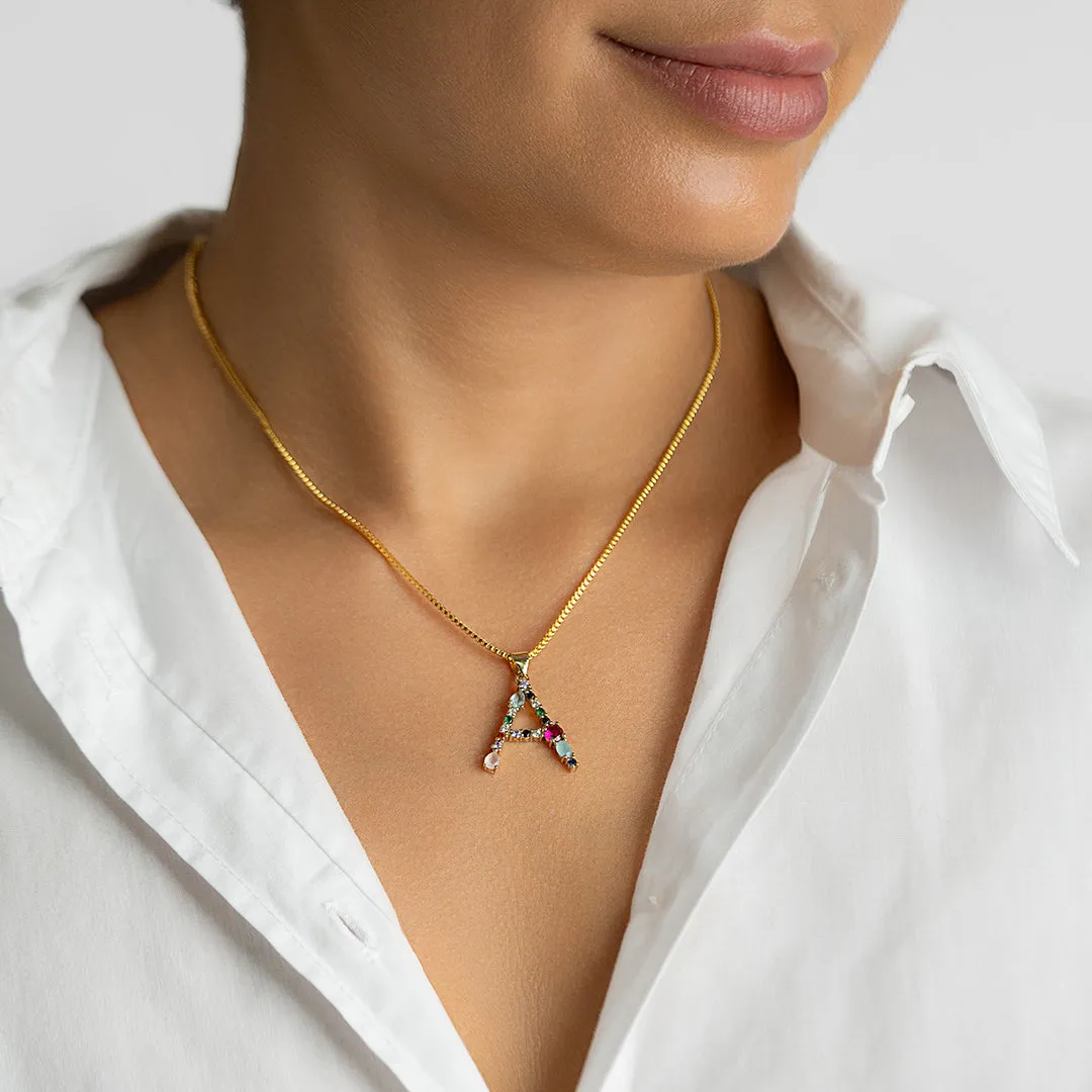 14k Gold Plated Multi Color Stone Initial Necklace