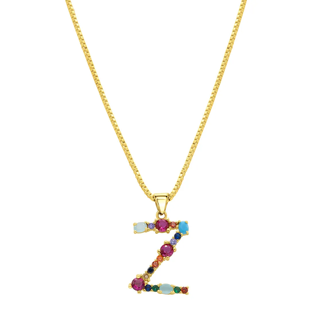 14k Gold Plated Multi Color Stone Initial Necklace