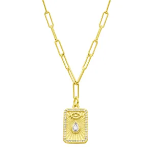 14K Gold Plated Paperclip Evil Eye Tablet Necklace