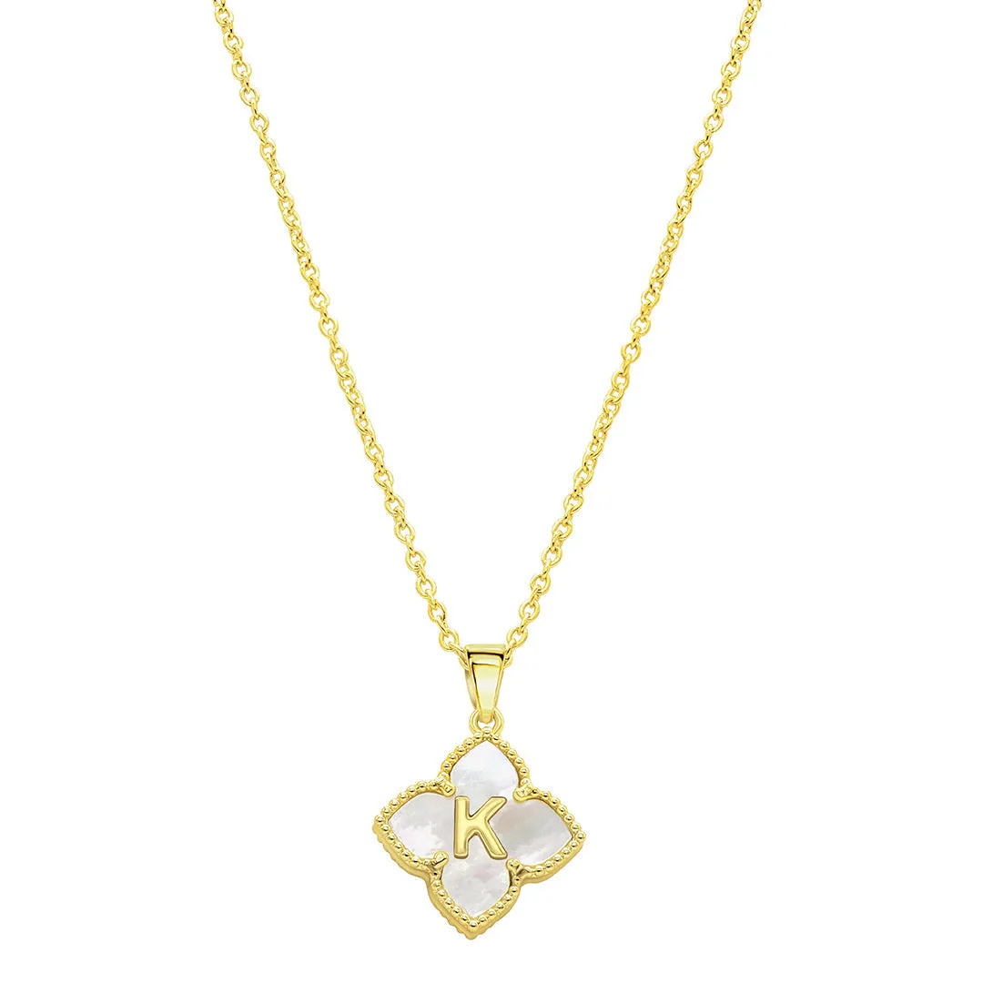 14k Gold Plated White Mother of Pearl Initial Floral Necklace