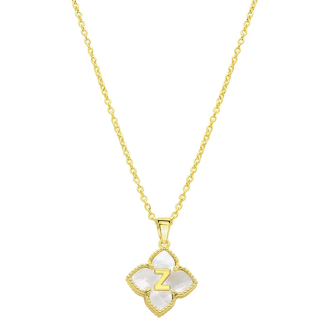 14k Gold Plated White Mother of Pearl Initial Floral Necklace