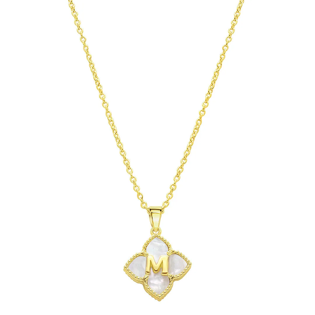 14k Gold Plated White Mother of Pearl Initial Floral Necklace